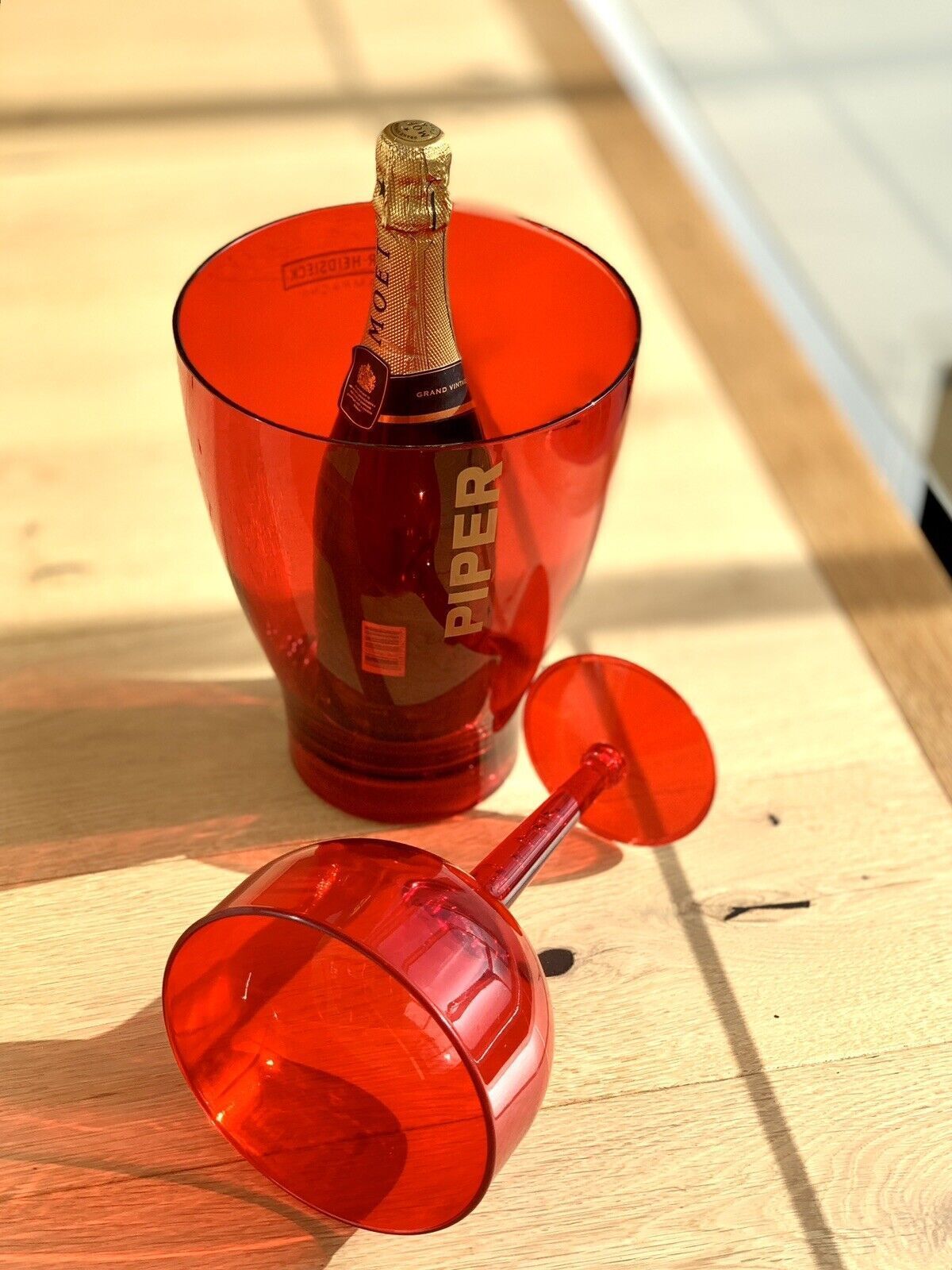 Red Acrylic French Piper Heidsieck Champagne Ice Bucket & Giant Glass photo for sale