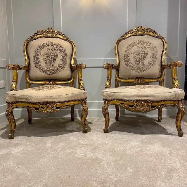 Pair Of Louis XV Style French Tapestry Gilt Wood Fauteuil Chairs photo vinterior
