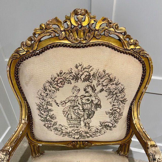 Pair Of Louis XV Style French Tapestry Gilt Wood Fauteuil Chairs photo buy