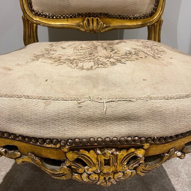 photo for sale Pair Of Louis XV Style French Tapestry Gilt Wood Fauteuil Chairs