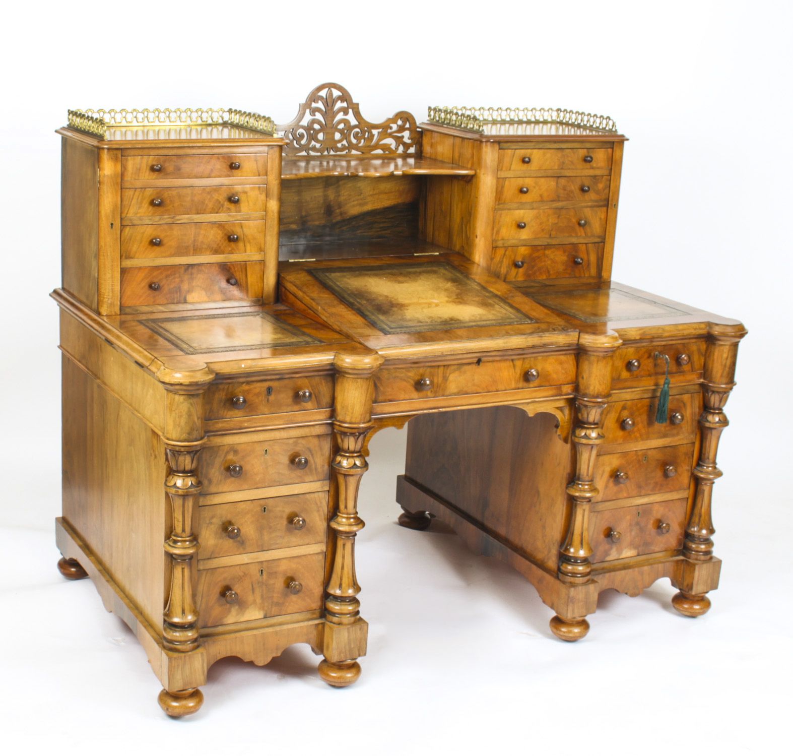 Victorian Burr Walnut Dickens Pedestal Desk C. 1880 19th C