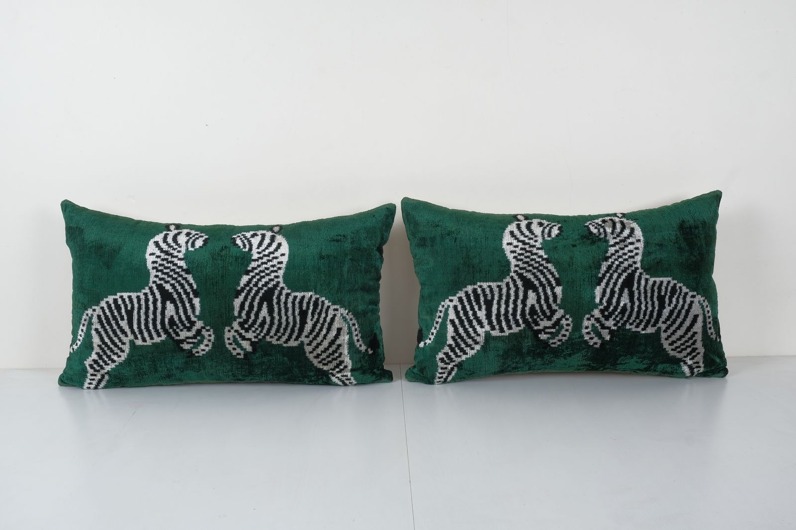 Pair Zebra Ikat Velvet Pillow, Set Animal Silk Lumbar Cushion Cover, Boho Pillow 16'' X 24''