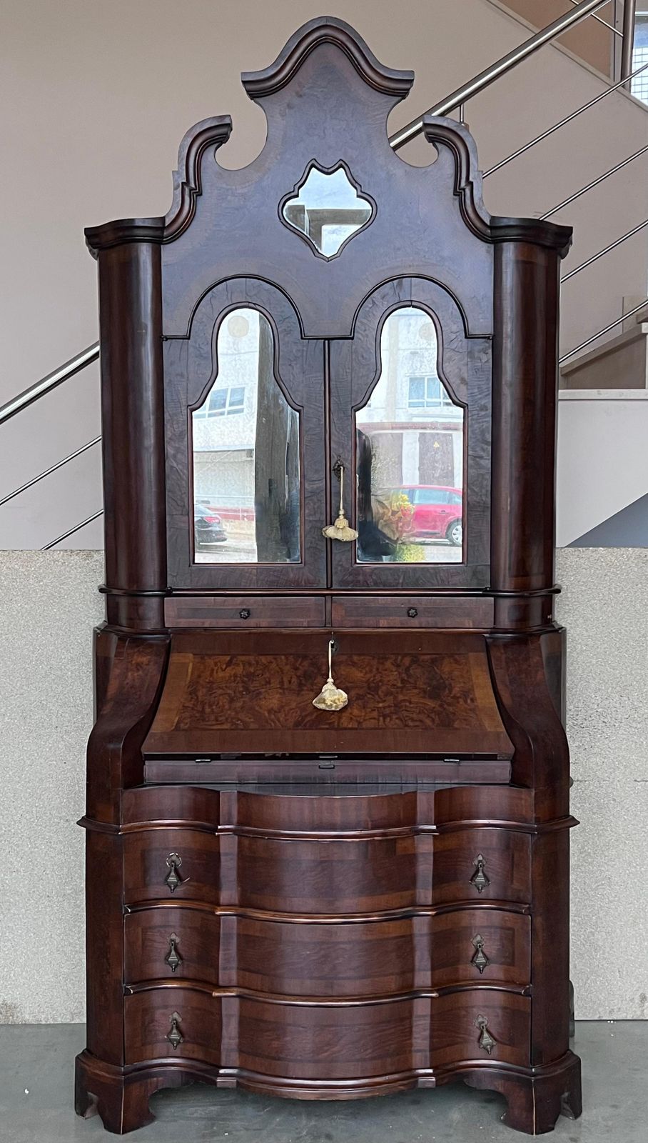 photo for sale Antique Italian Baroque Style Burl Walnut Secretary Cabinet