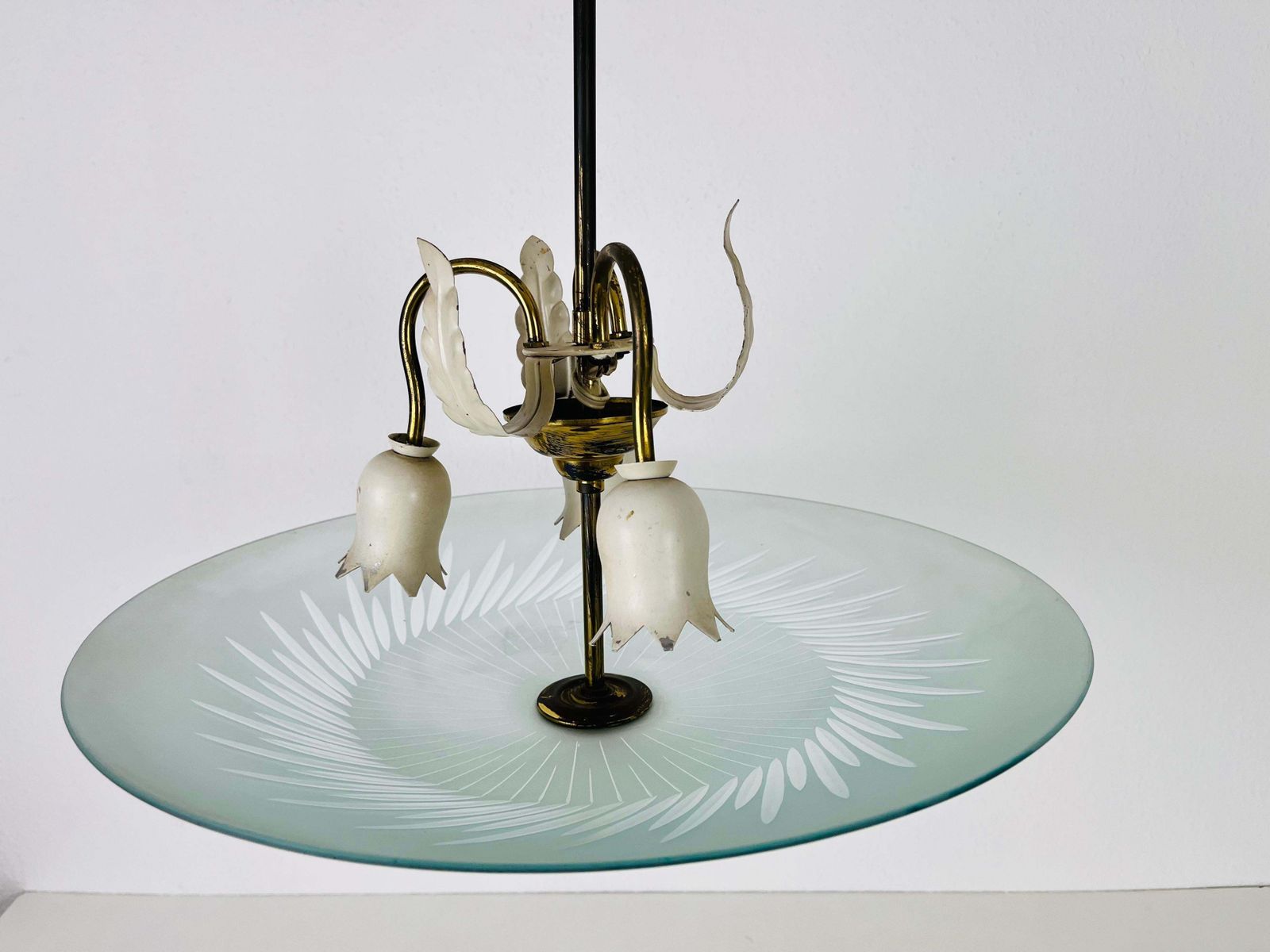 Lighting Italian Brass And Glass Chandelier In The Style Of Pietro Chiesa, 1950s photo