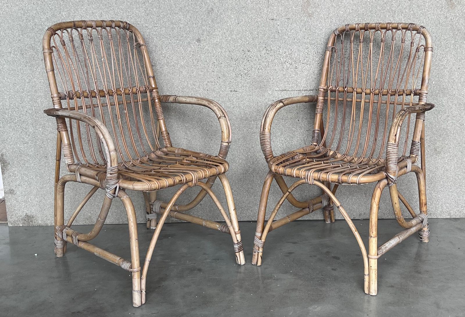 photo for sale 1960s Pair Of Spanish Bamboo Armchairs With Rectangular Back Rest