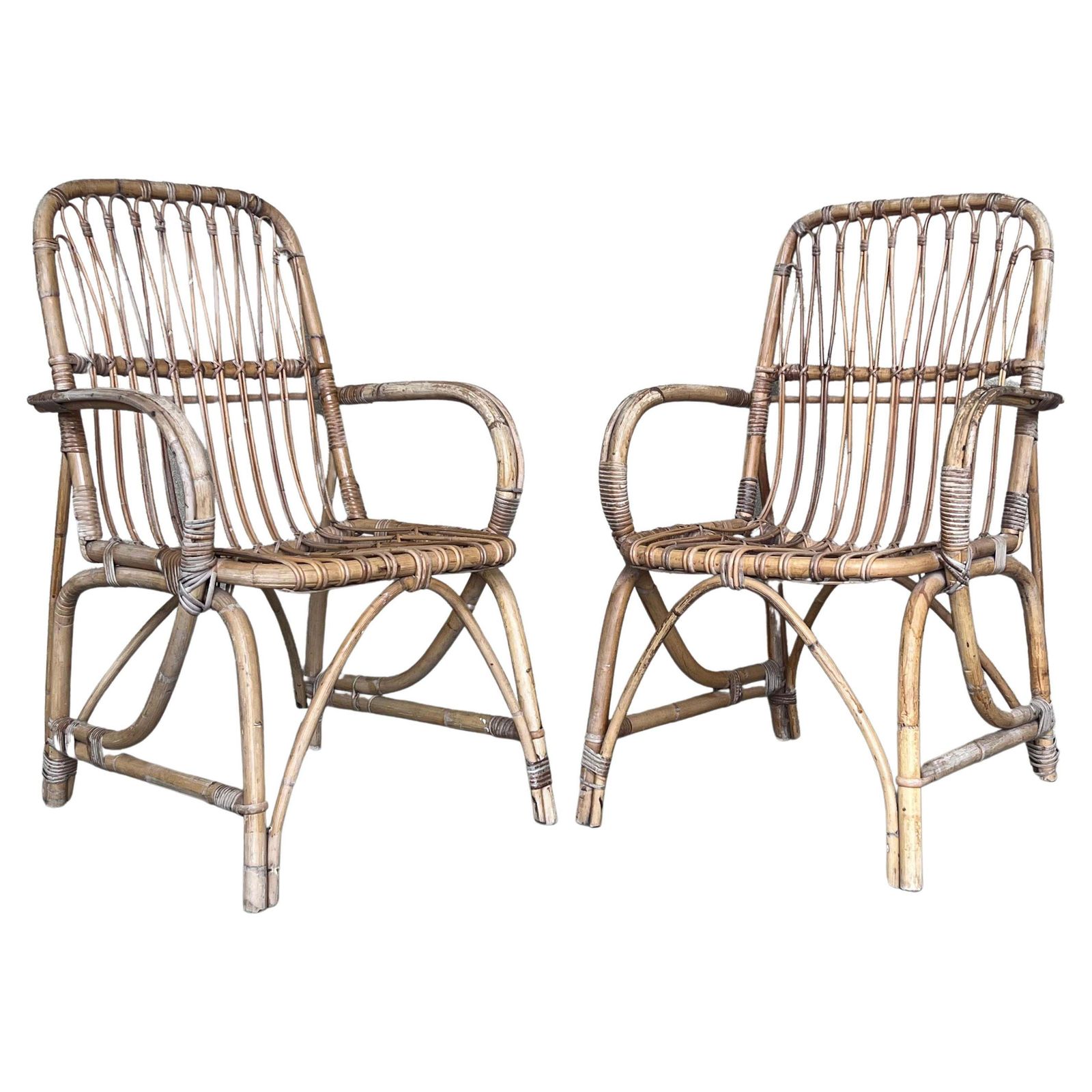 1960s Pair Of Spanish Bamboo Armchairs With Rectangular Back Rest
