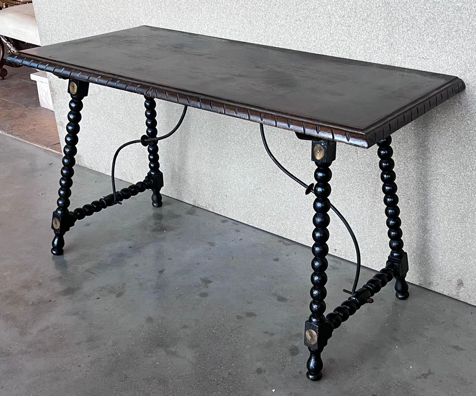 19th Spanish Walnut Side Table With Turned Legs And Iron Stretcher photo Furniture