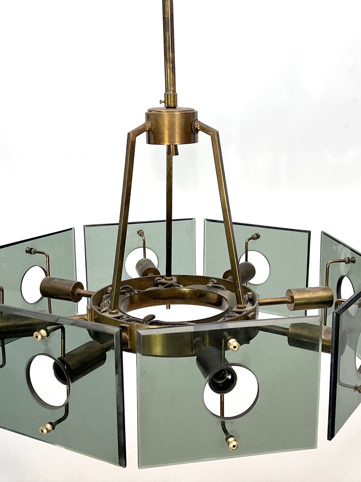 Gino Paroldo, Modernist Brass And Smoked Glass Chandelier. Italy 1960s photo 3188.25