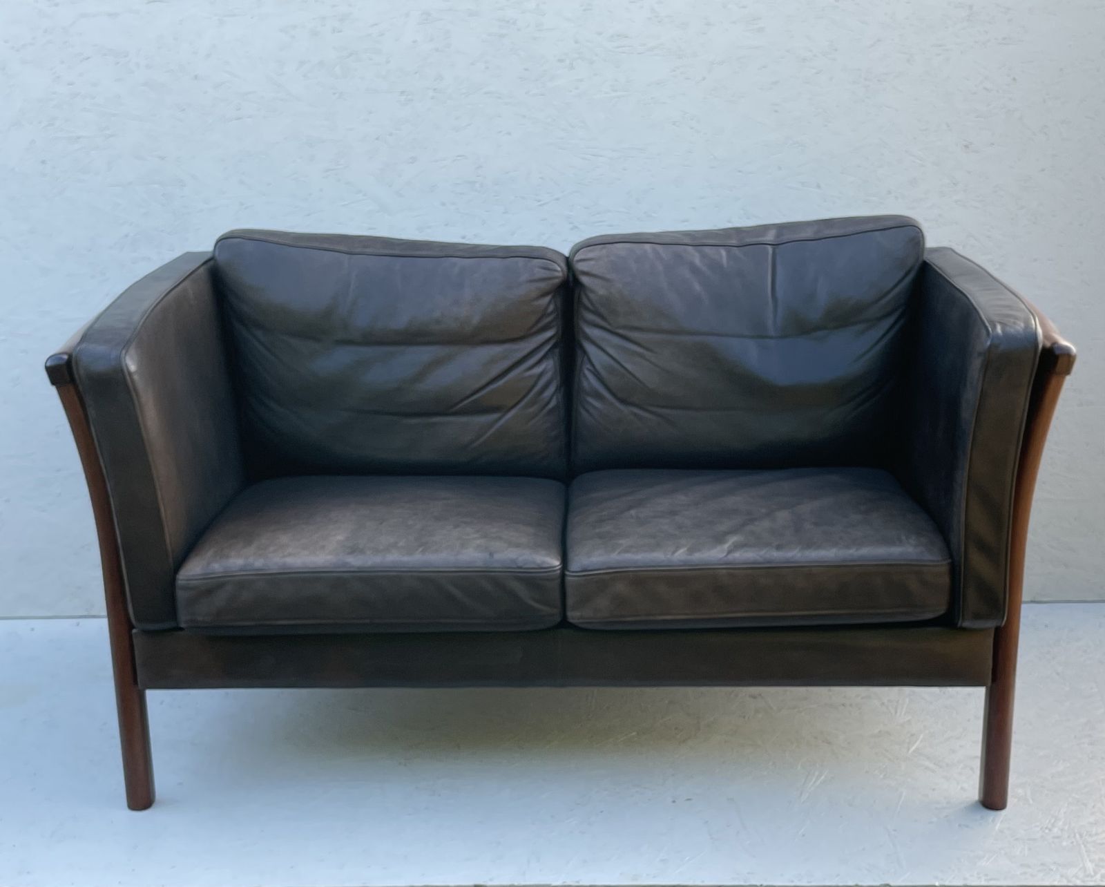 Danish Two Seater Leather And Slat Wood Sofa photo furniture