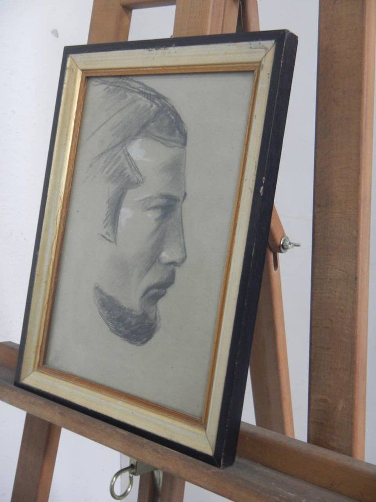 photo for sale Mina Anselmi Profile Of Man 1940 Charcoal Drawing Framed