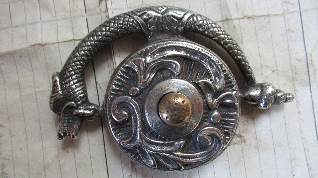 Highly Ornate Antique Brass Electric Doorbell Push   Mythical Creature Griffin / Dragon