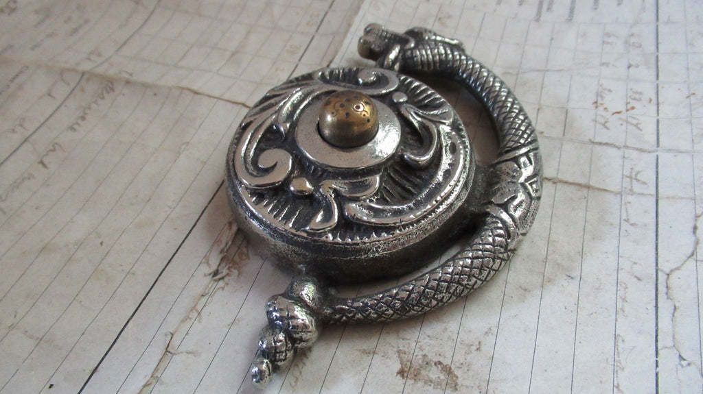 Highly Ornate Antique Brass Electric Doorbell Push   Mythical Creature Griffin / Dragon photo furniture