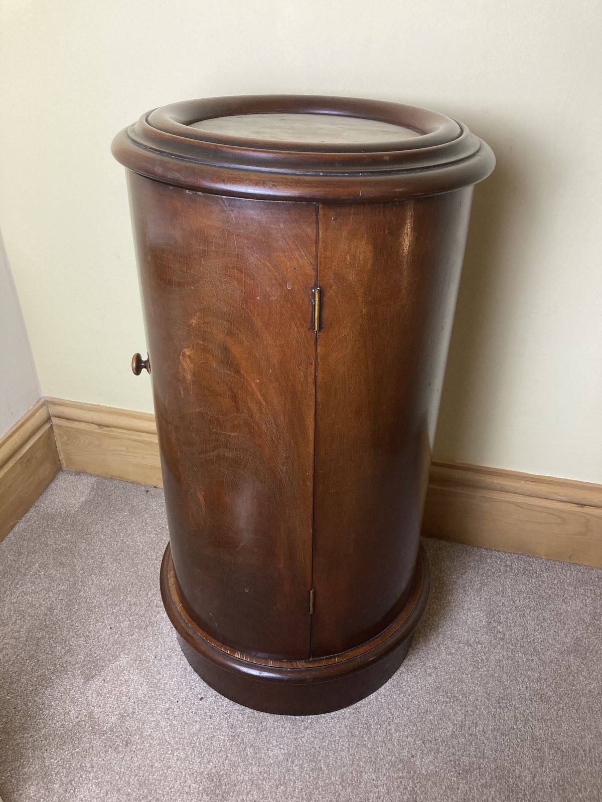 Victorian Style, Marble Top, Mahogany Cylinder Bed Side Cabinet photo for sale
