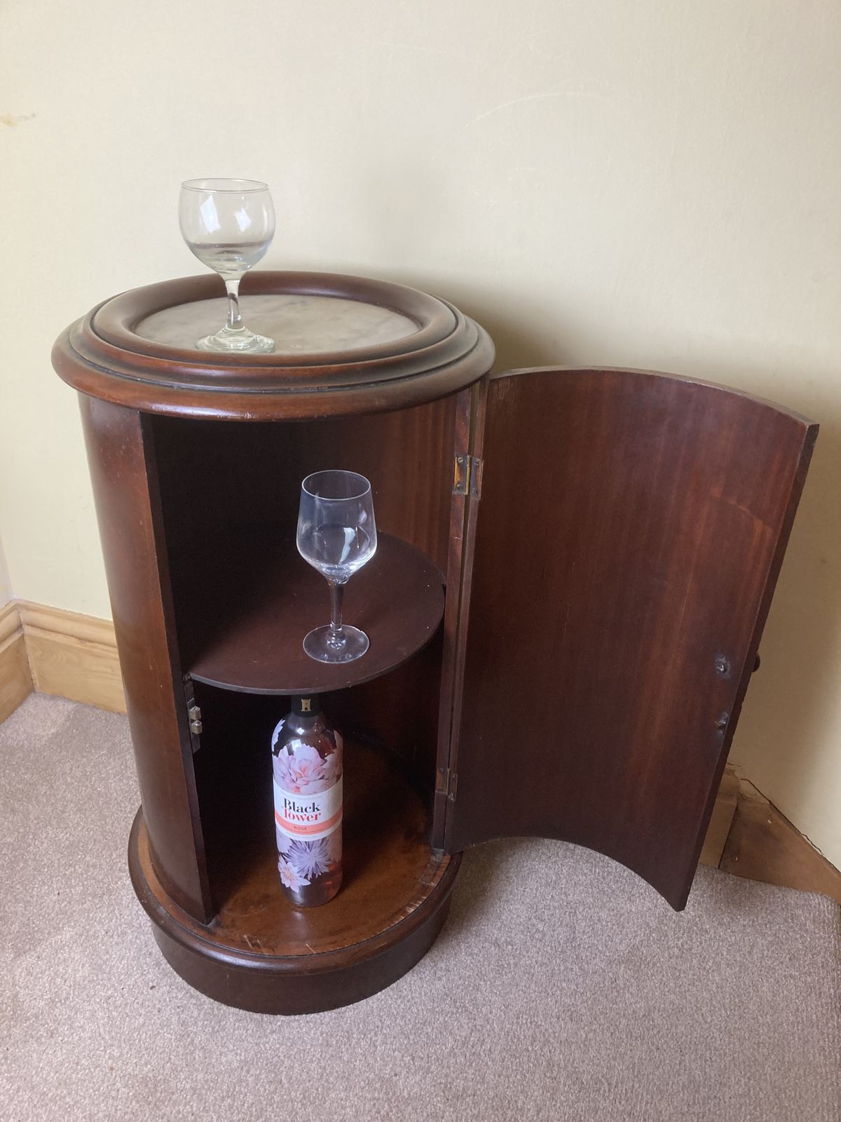 Victorian Style, Marble Top, Mahogany Cylinder Bed Side Cabinet photo vintage