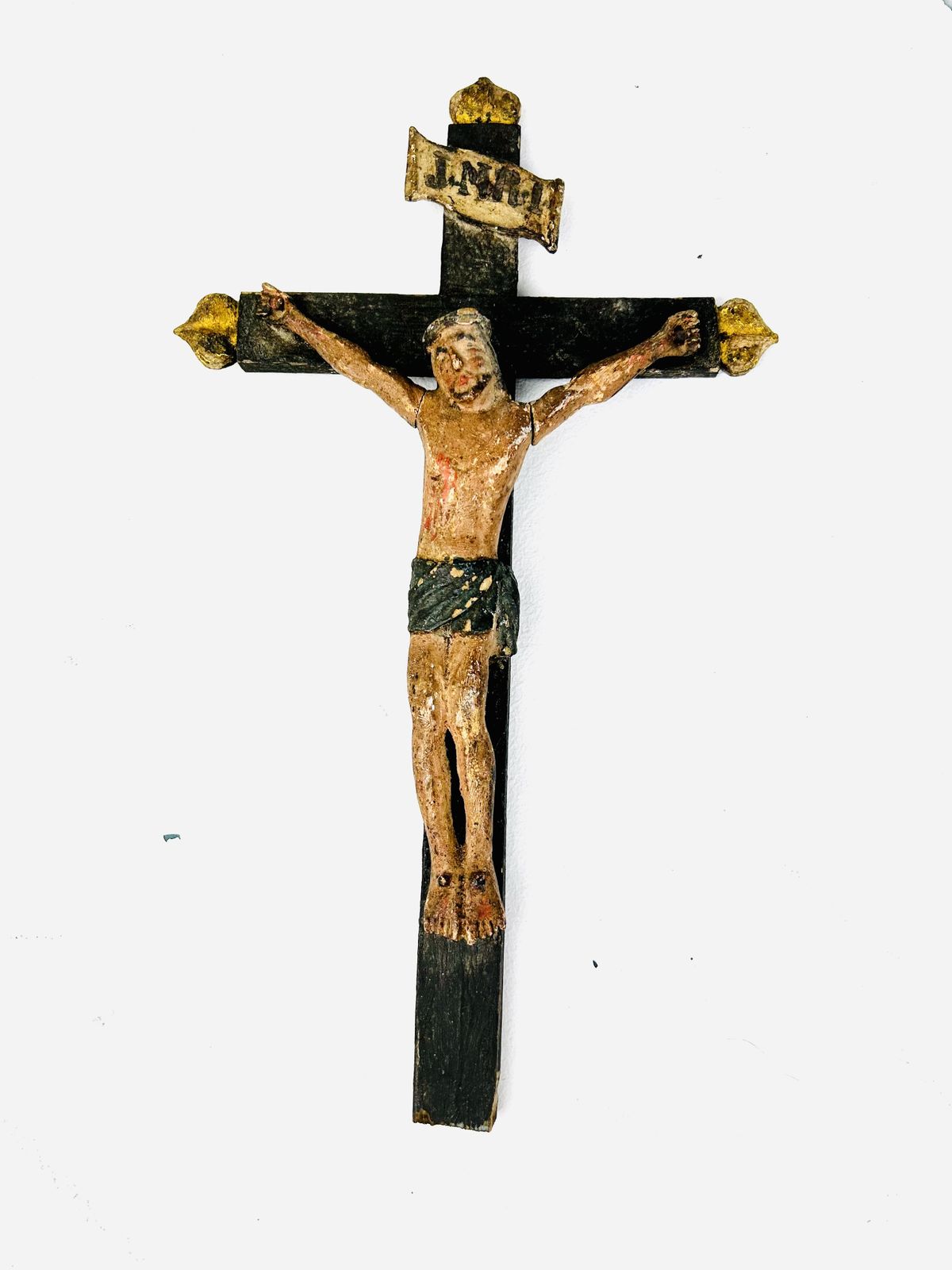 A Primitive Inri Carved & Painted Inri Last Rites Corpus On Wooden Cross   Religious Art photo buy