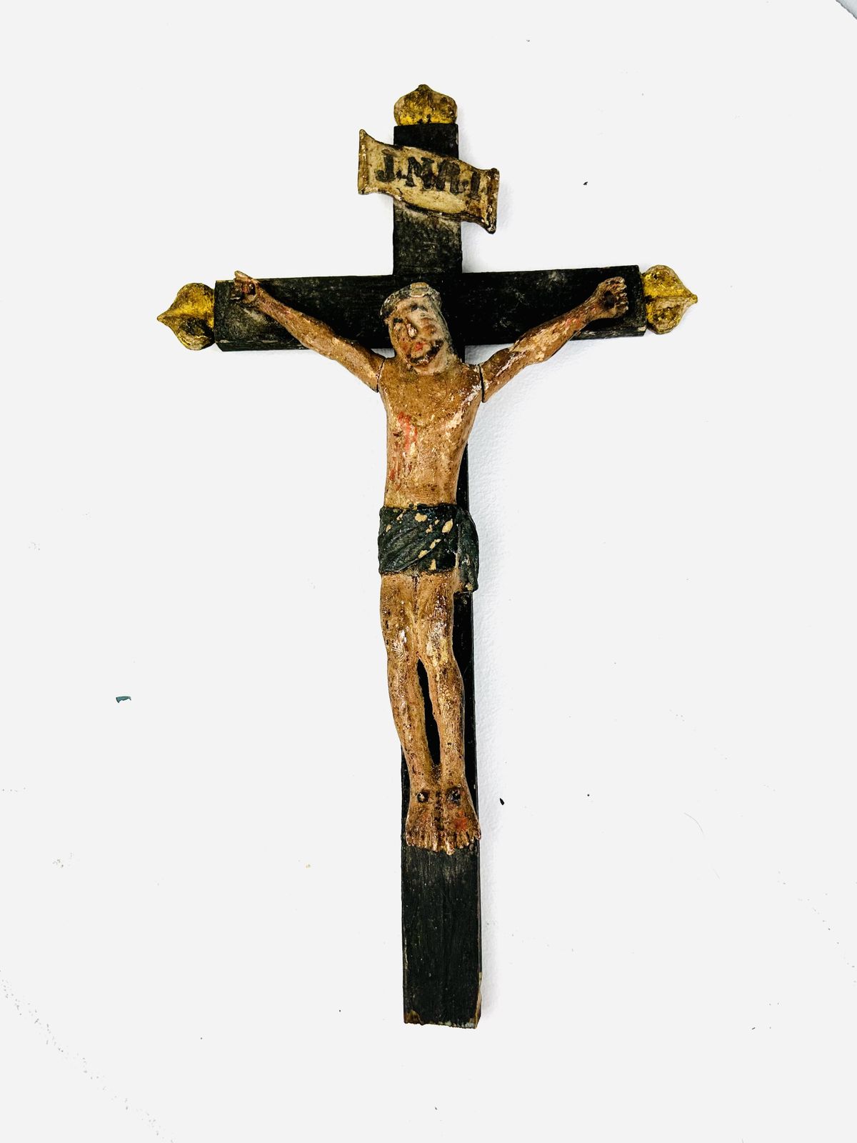 350.0 A Primitive Inri Carved & Painted Inri Last Rites Corpus On Wooden Cross   Religious Art photo