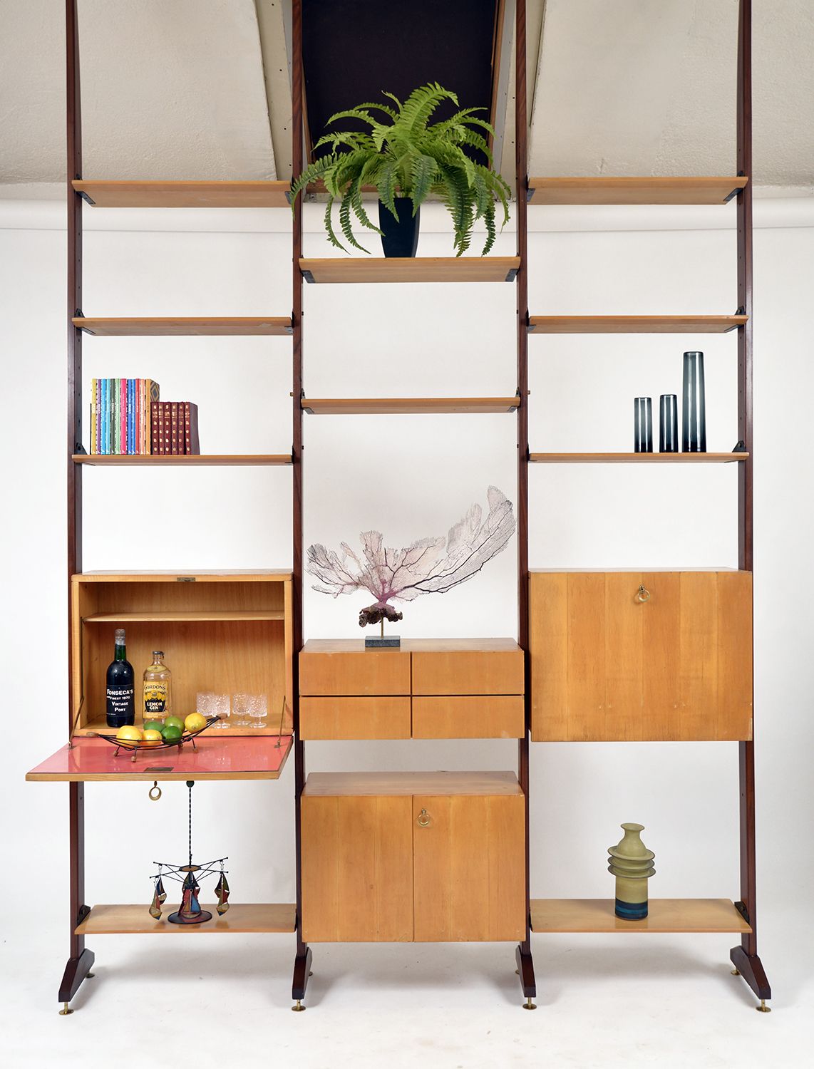 Large 1950s Italian Mid Century Teak Maple Freestanding Shelving System 18 Pieces photo 6500.0