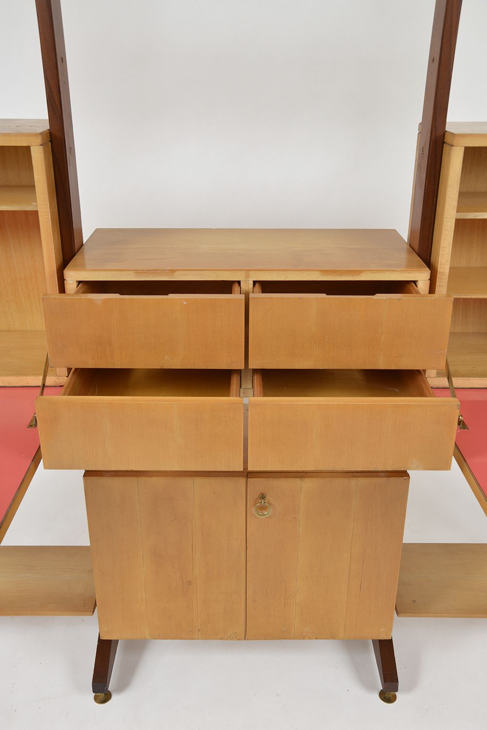 photo for sale Large 1950s Italian Mid Century Teak Maple Freestanding Shelving System 18 Pieces