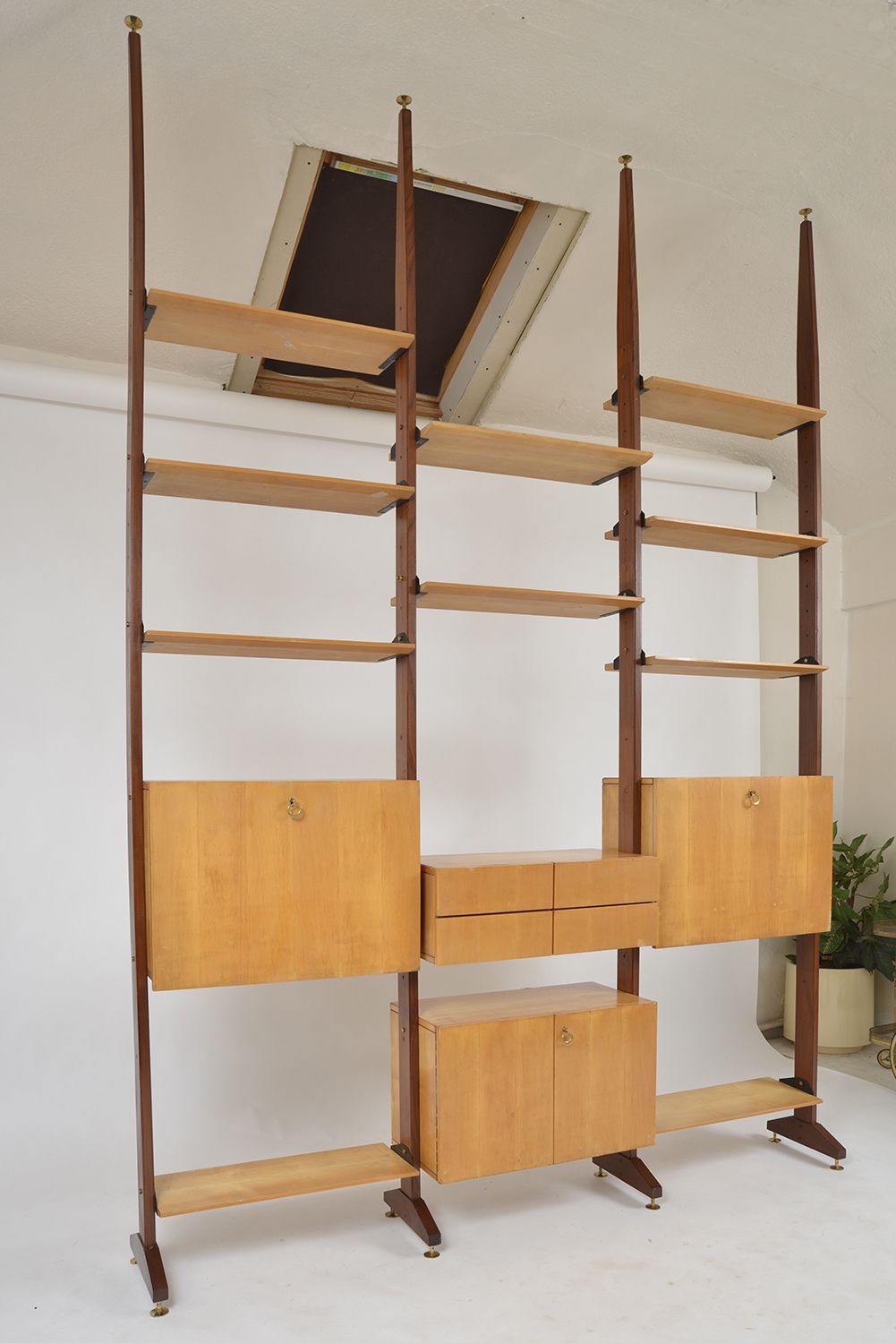 Large 1950s Italian Mid Century Teak Maple Freestanding Shelving System 18 Pieces photo for sale