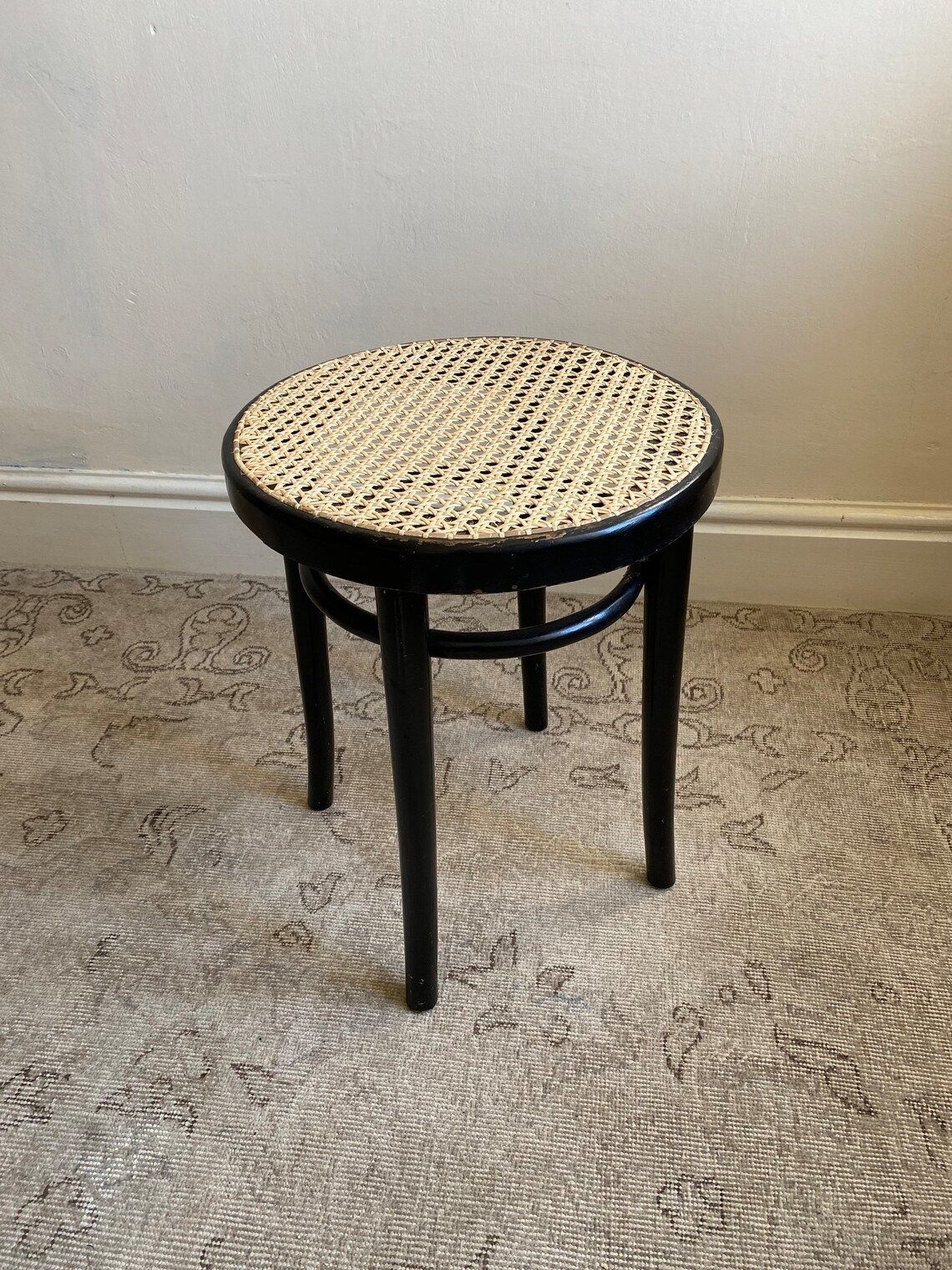 Bentwood & Cane Stool With Ebonised Finish, Recaned Mid Century Piece C. 1960 By Dinette Thonet, Vintage Black Beech Wooden Stool photo vinterior