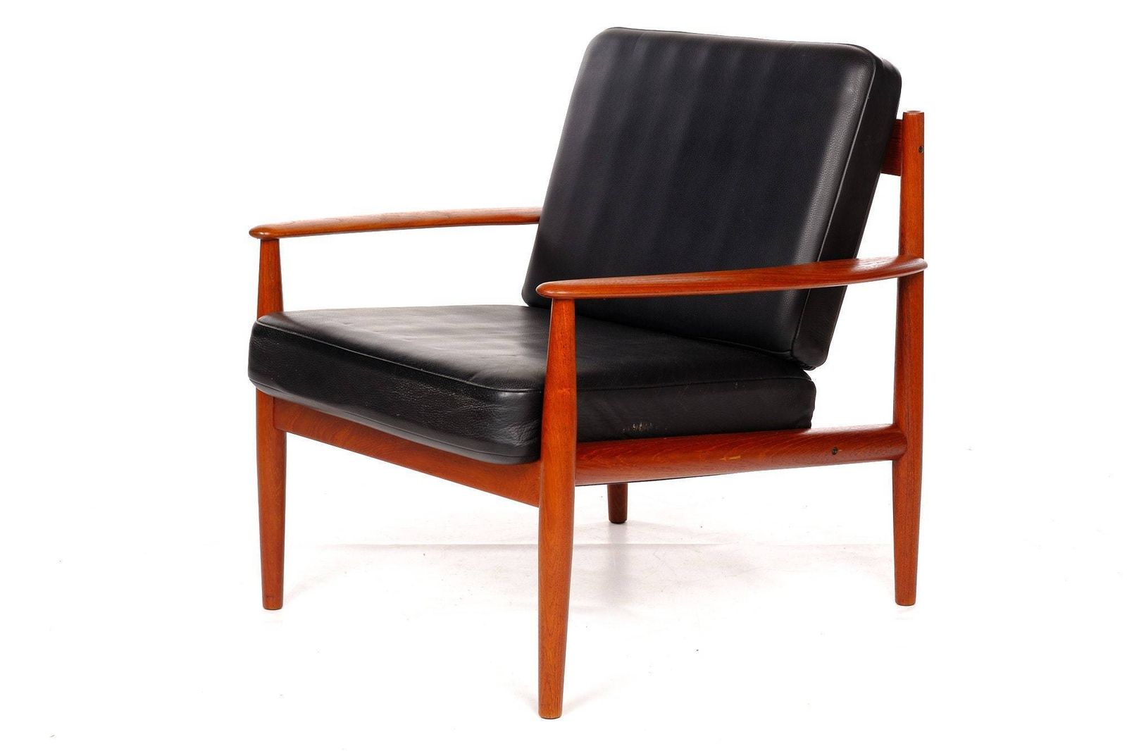 Armchair, Leather And Teakwood, Jalk, France Son, Red, Vintage, Mid Century photo for sale