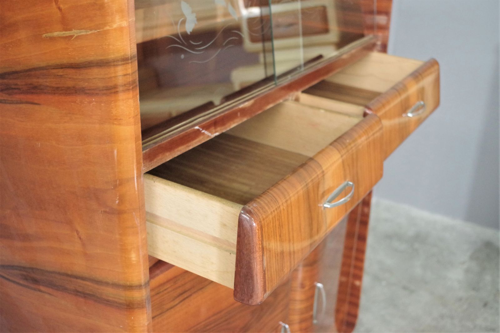 1950s Cherry Veneered Rounded Piece Of Furniture photo for sale