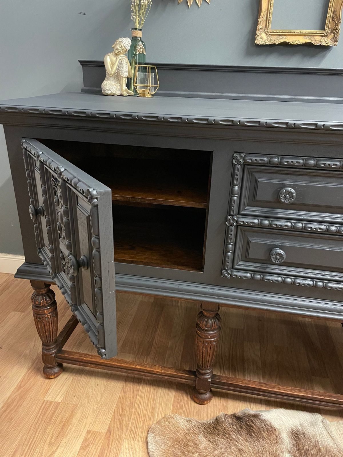Professionally Spray Painted One Off Stunning Oak Sideboard In Dark Grey photo for sale