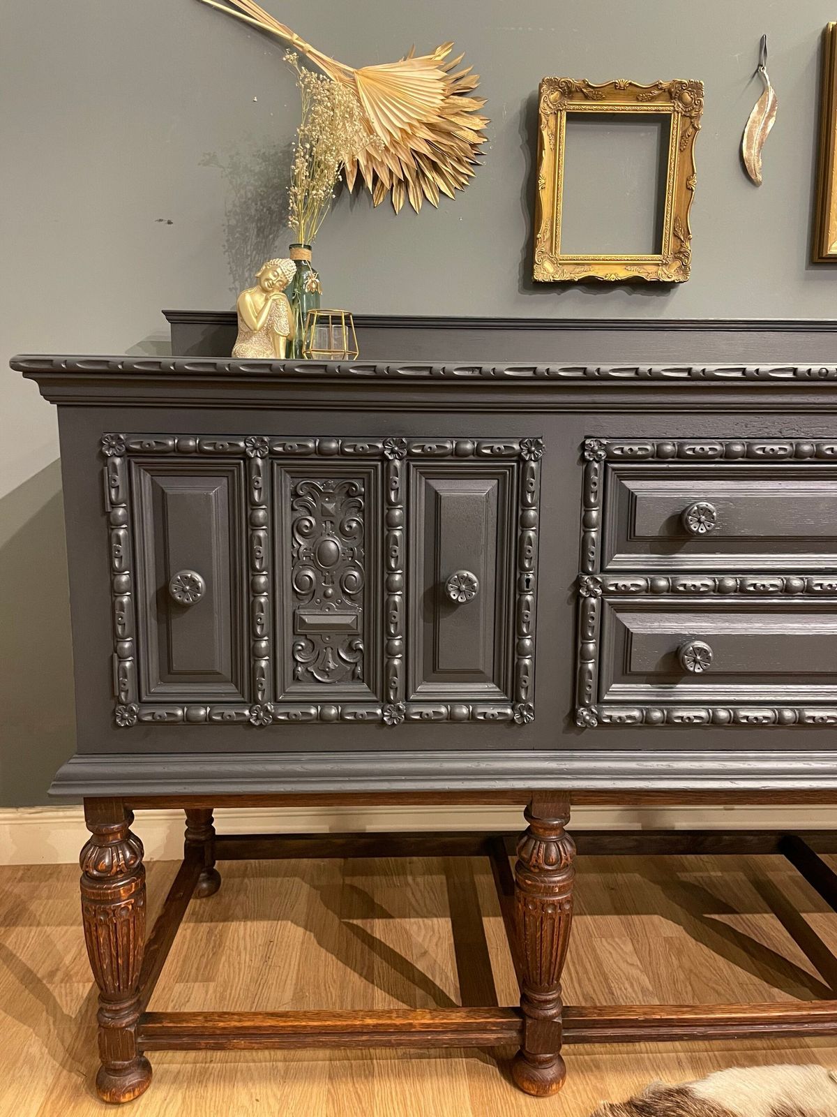 Professionally Spray Painted One Off Stunning Oak Sideboard In Dark Grey photo vintage