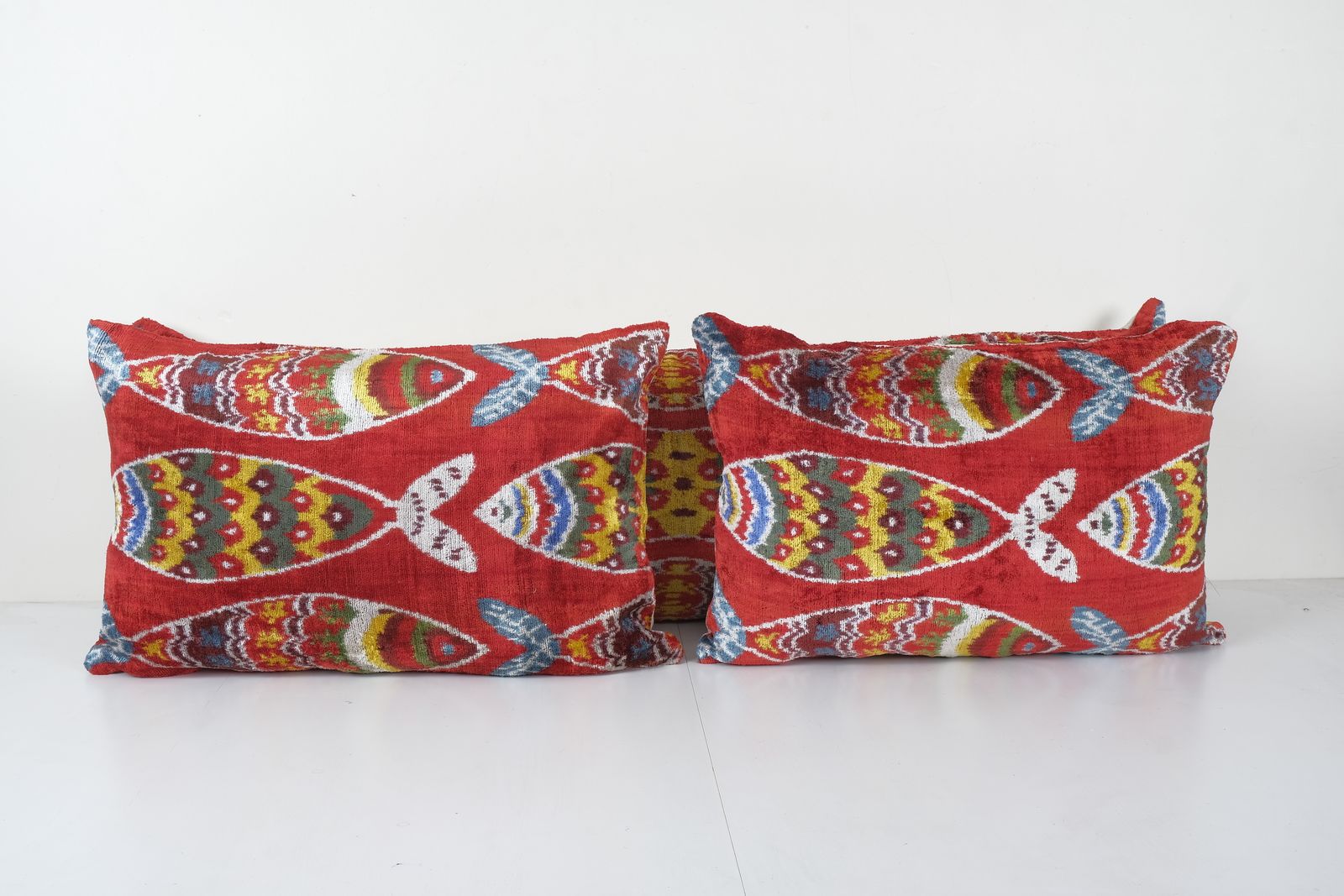 Fish Ikat Velvet Bedding Pillow, Set Of Three Red Silk Lumbar Cover, Matching Boho Pillow, Uzbek Velvet Cushion Cover
