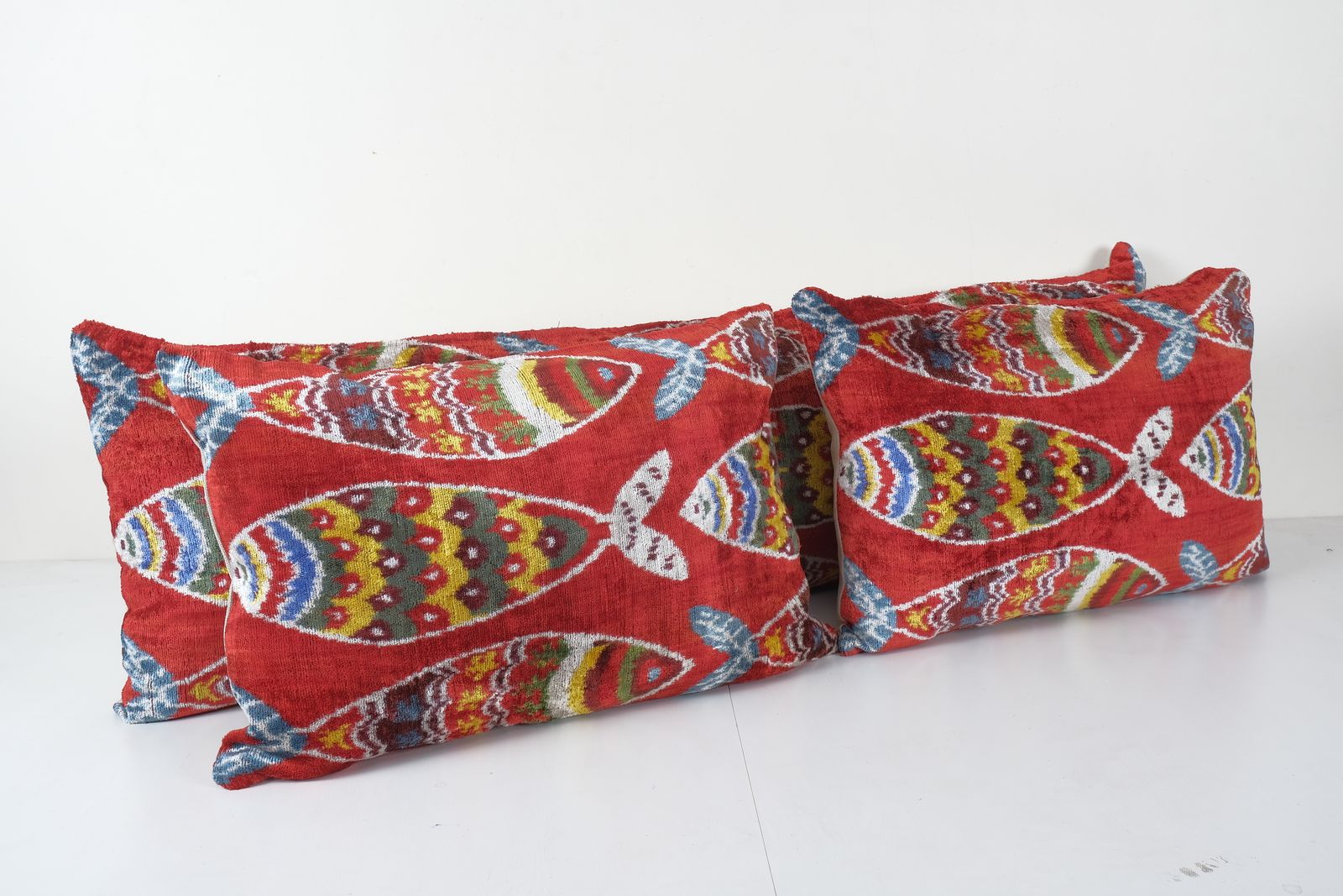 Fish Ikat Velvet Bedding Pillow, Set Of Three Red Silk Lumbar Cover, Matching Boho Pillow, Uzbek Velvet Cushion Cover photo for sale
