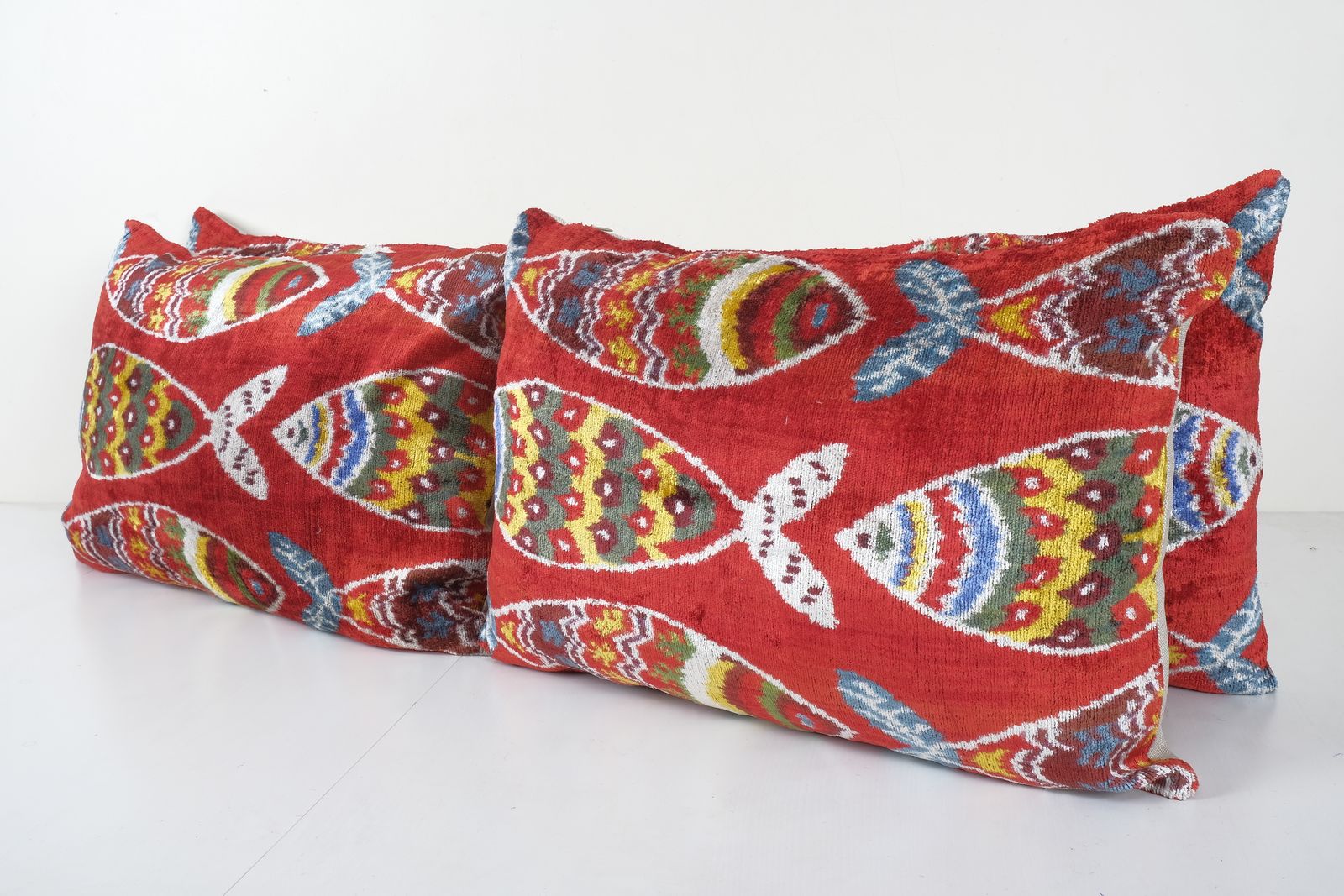 Fish Ikat Velvet Bedding Pillow, Set Of Three Red Silk Lumbar Cover, Matching Boho Pillow, Uzbek Velvet Cushion Cover photo Textiles