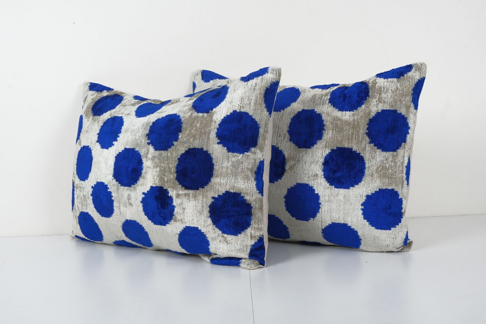 Silk Ikat Velvet Pillowcase, Set Of Two Blue Lumbar , Ethnic Throw Pillow, Pair Ikat Lumbar Pillow 16'' X 24'' photo for sale