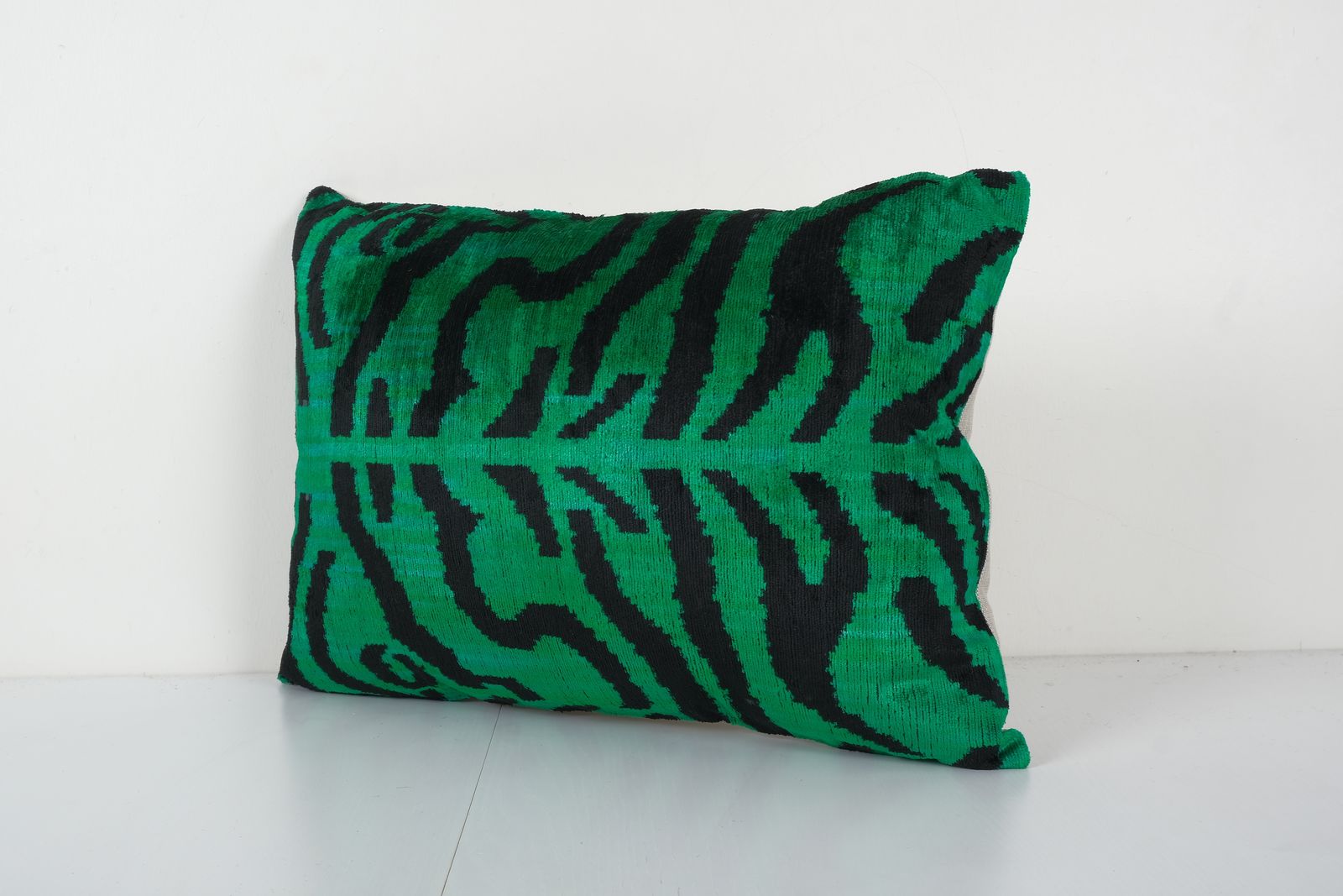 Green Tiger Ikat Velvet Pillow, Handloom Silk Lumbar Cushion Cover, Animal Pattern Velvet Lumbar Pillows, Boho Pillow 16'' X 22'' photo for sale
