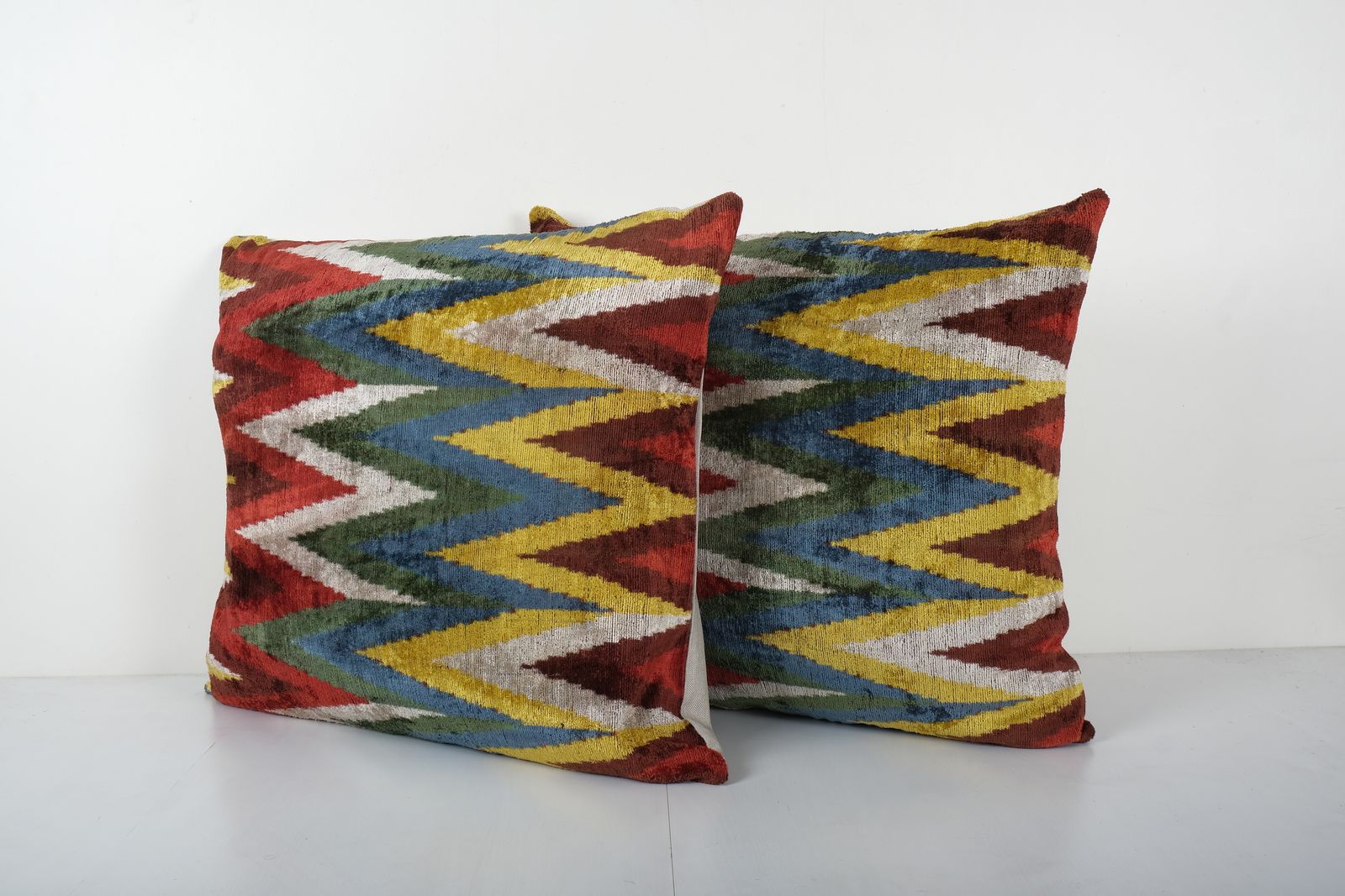 Square Silk Ikat Velvet Pillow Cover   Set Colorful Zig Zag Pillowcase   Uzbek Designer Couch Cushion 26'' X 26'' photo furniture