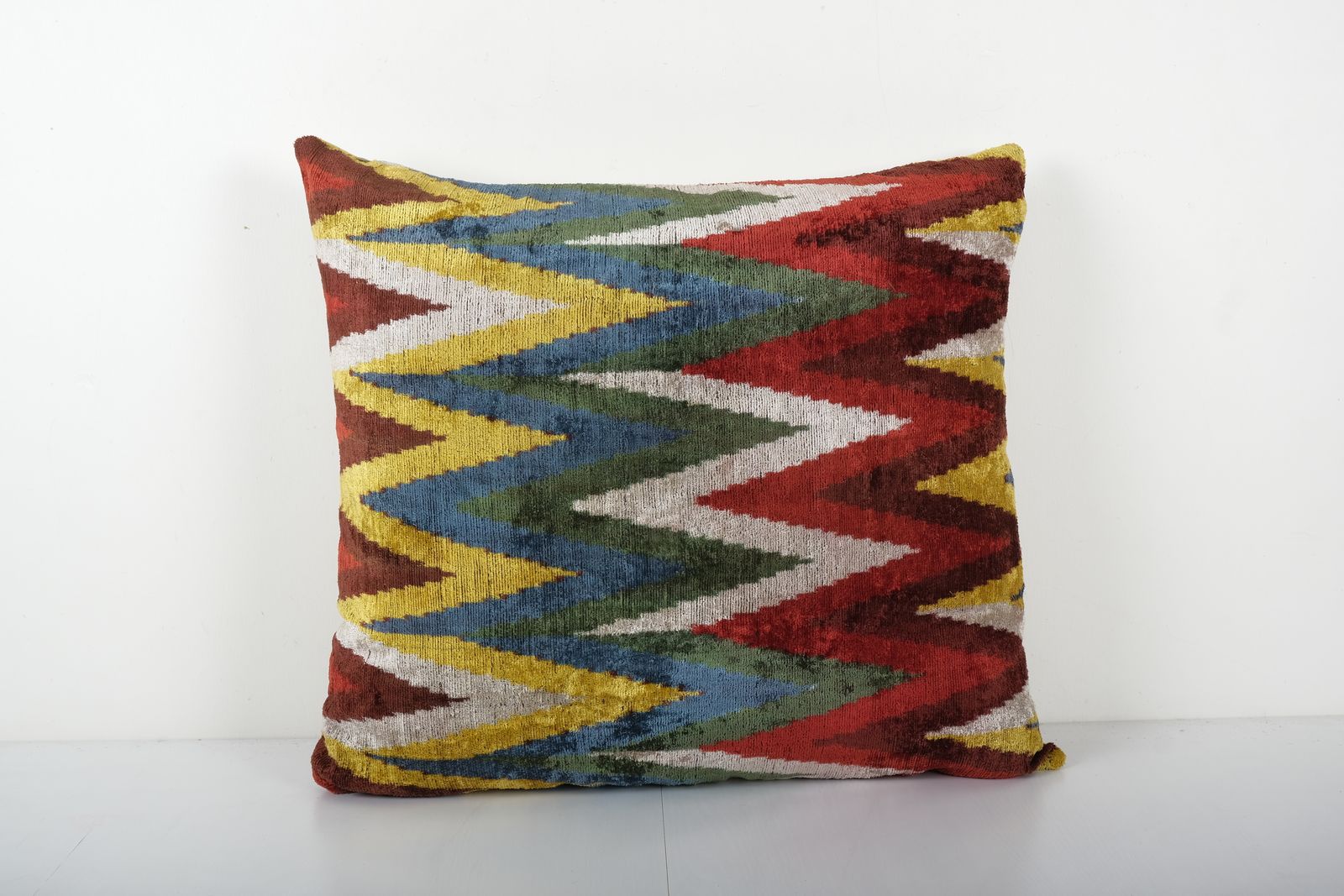 Zig Zag Design Silk Ikat Velvet Pillow, Square Handloomed Cushion Cover, Coloful Velvet Couch Pillow Case 26'' X 26''