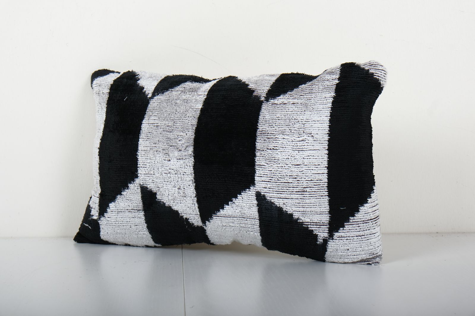 Ikat Velvet Pillow, Silk Lumbar Body Cushion Cover, Black And Cream Boho Chic Pillow Cover 9'' X 16'' photo furniture