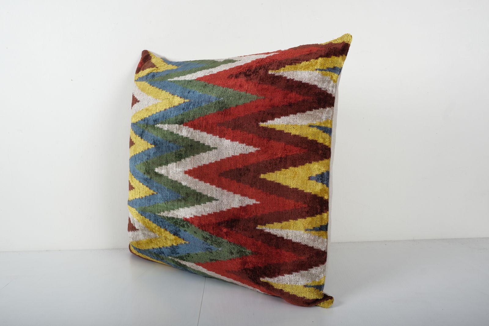 Zig Zag Design Silk Ikat Velvet Pillow, Square Handloomed Cushion Cover, Coloful Velvet Couch Pillow Case 26'' X 26'' photo 75.0