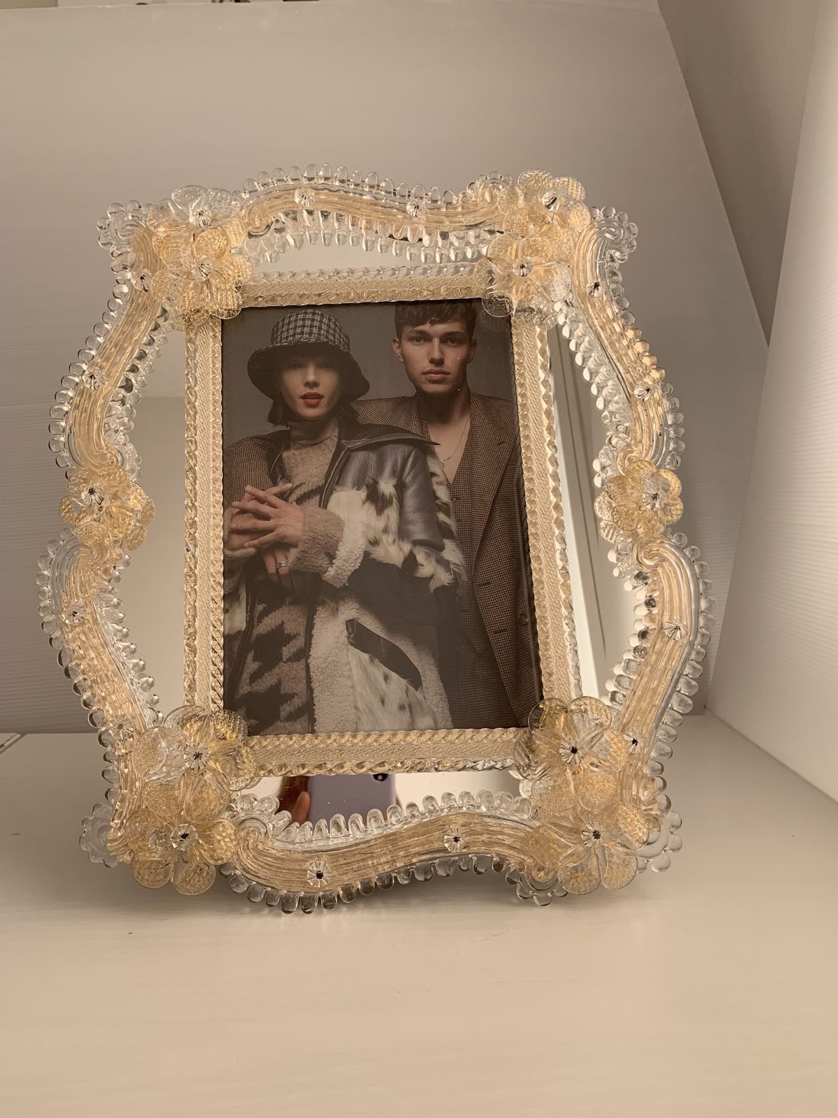 Transparent And Gold Murano Glass Photo Frame With Flowers. photo Home Decor