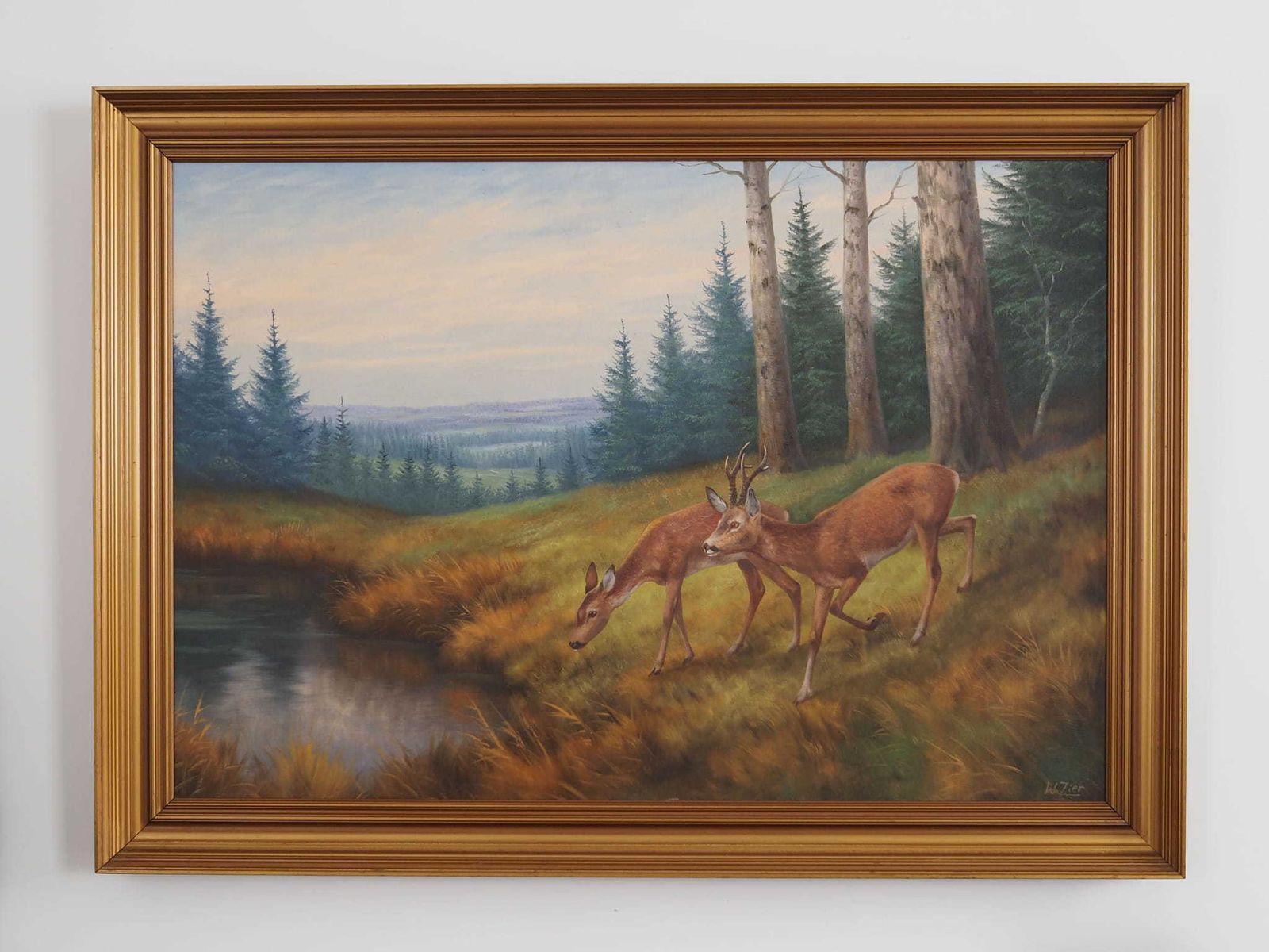 Painting „Two Deer By The Water”, Danish Design, 1960s, By Wolmer Zier photo Art