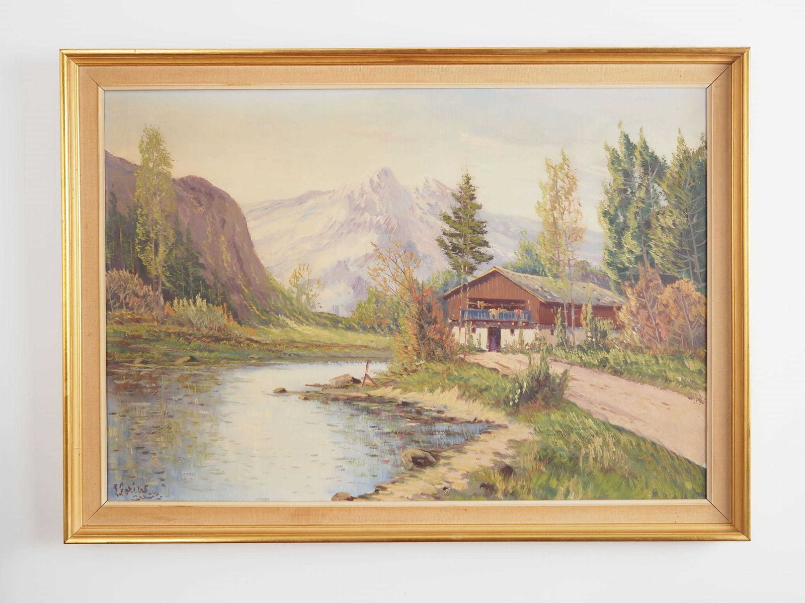 Schilderij „The Chalet At The Mountain Stream", Scandinavisch Design, Jaren 1970 photo for sale