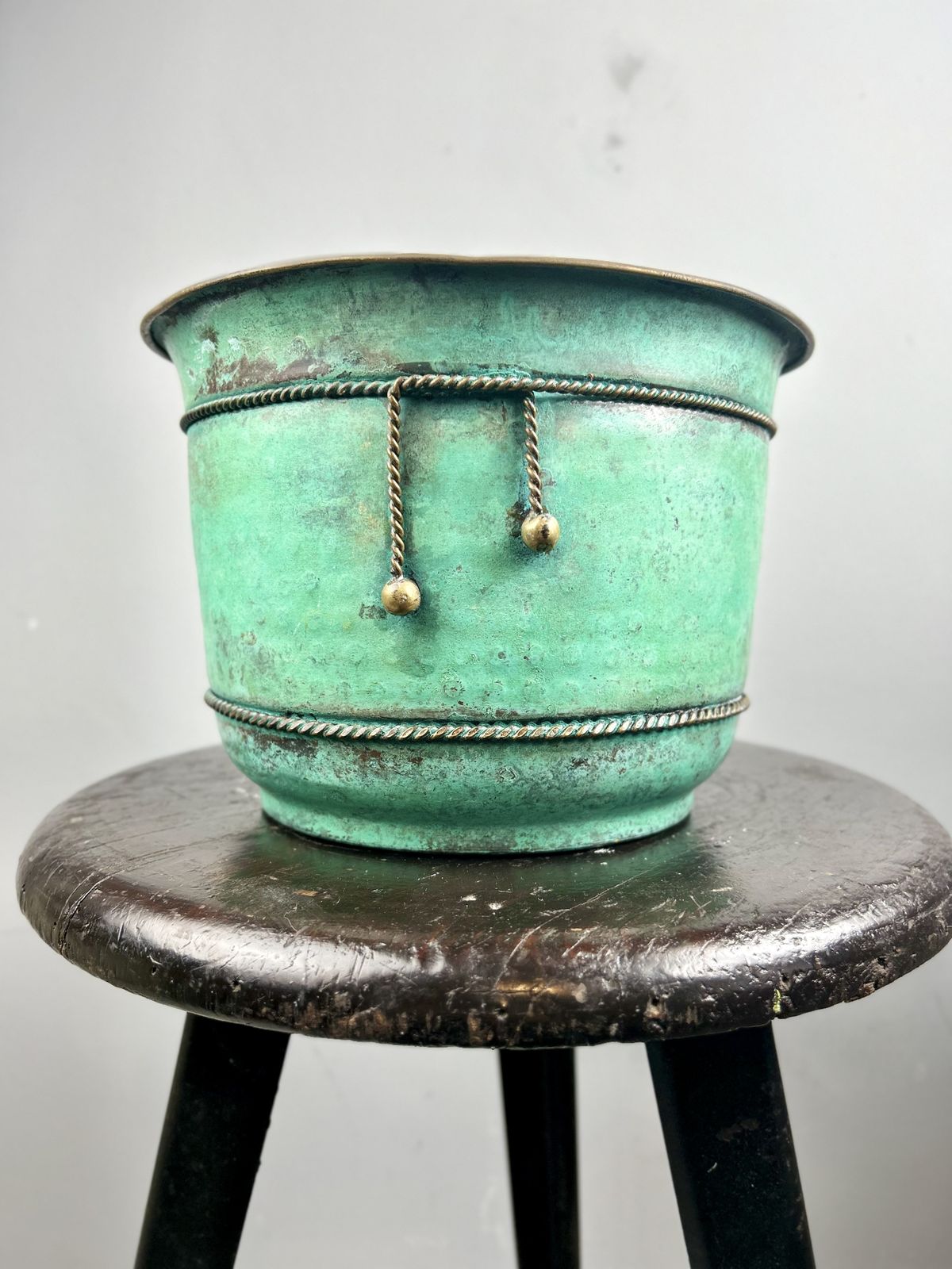 Vintage French Copper Plant Pot / Bowl Featuring Metal Rope Work. Circa 1950 photo Garden Decor