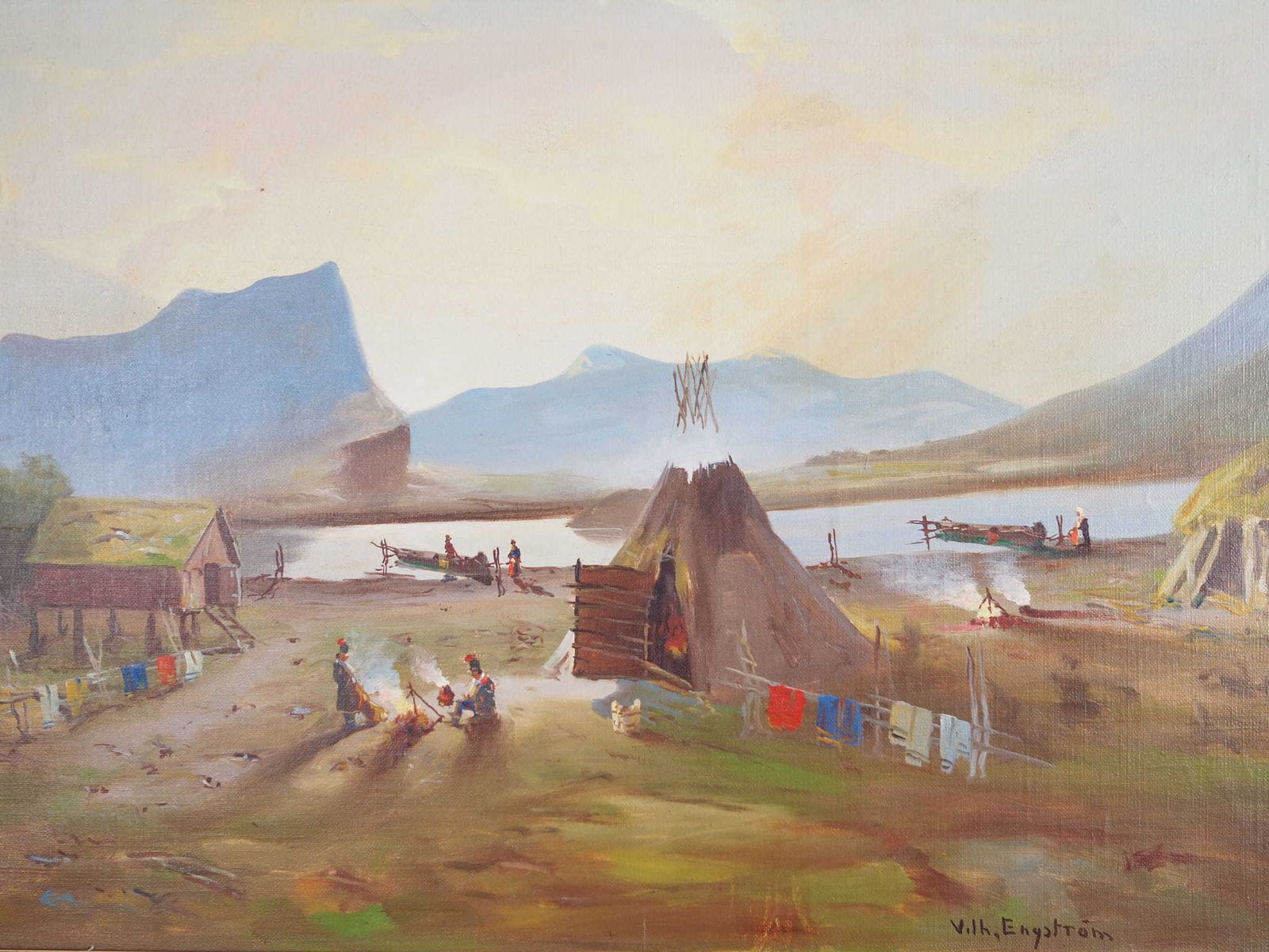 Painting „The Riverside Camp”, Scandinavian Design, 19th Century, By Vilhelm Oskar Engström photo Art