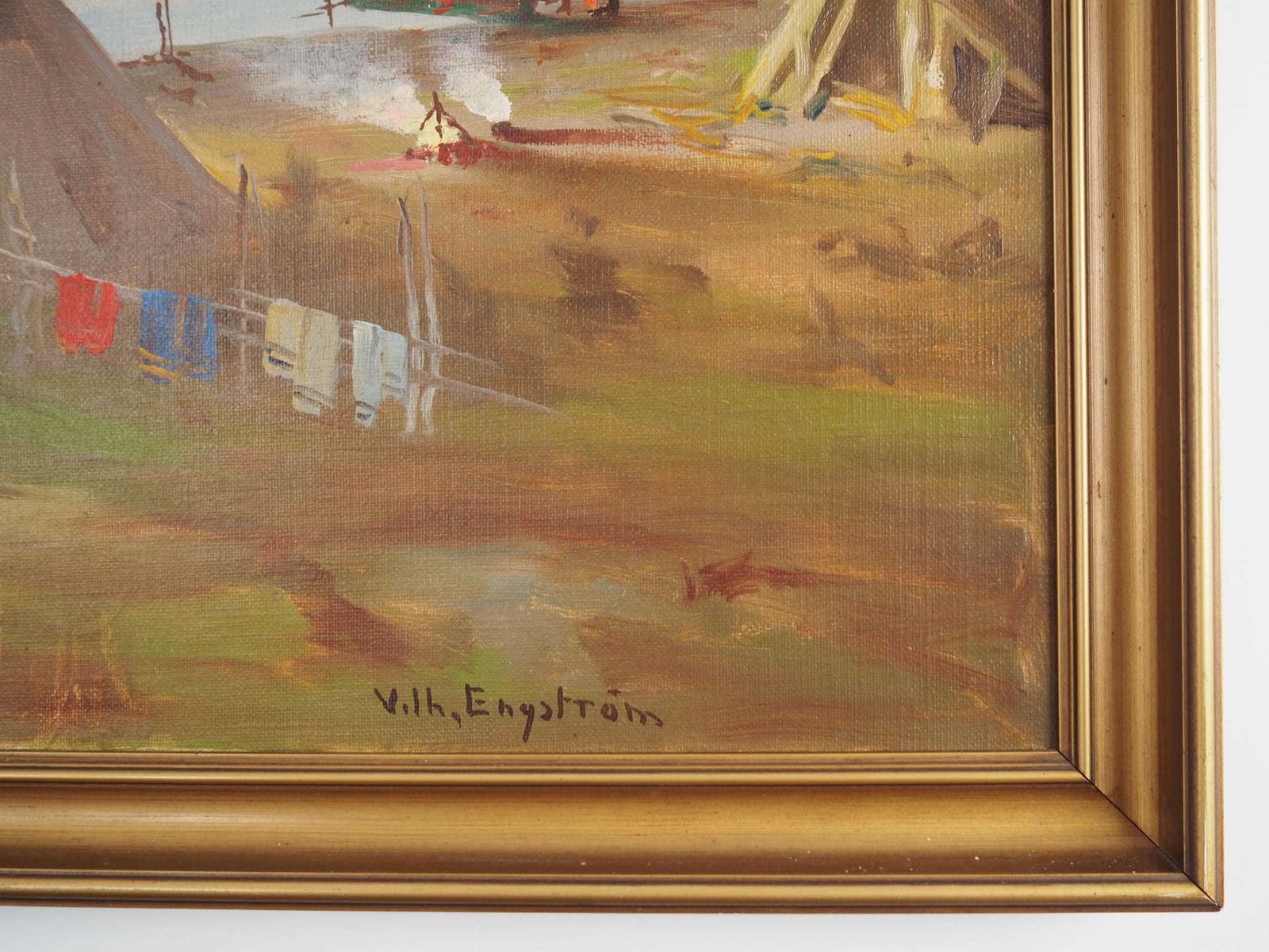Painting „The Riverside Camp”, Scandinavian Design, 19th Century, By Vilhelm Oskar Engström photo vintage