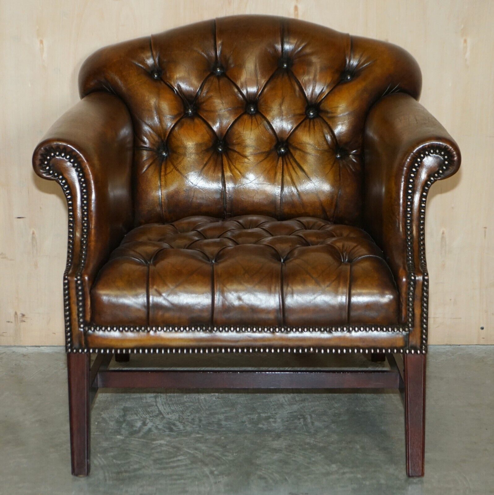 Antique Restored Cigar Brown Leather Chesterfield Tufted Library Armchair photo furniture