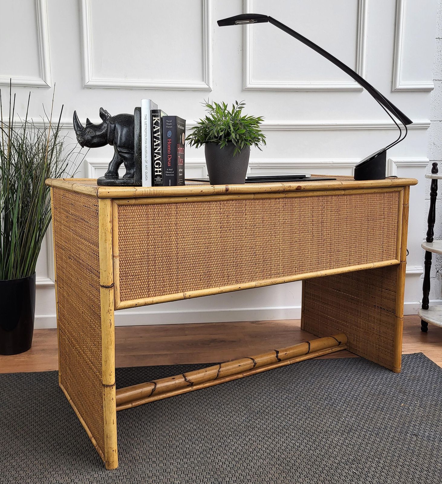 1960s Italian Dal Vera Bamboo Rattan Brass French Riviera Organic Writing Desk photo for sale