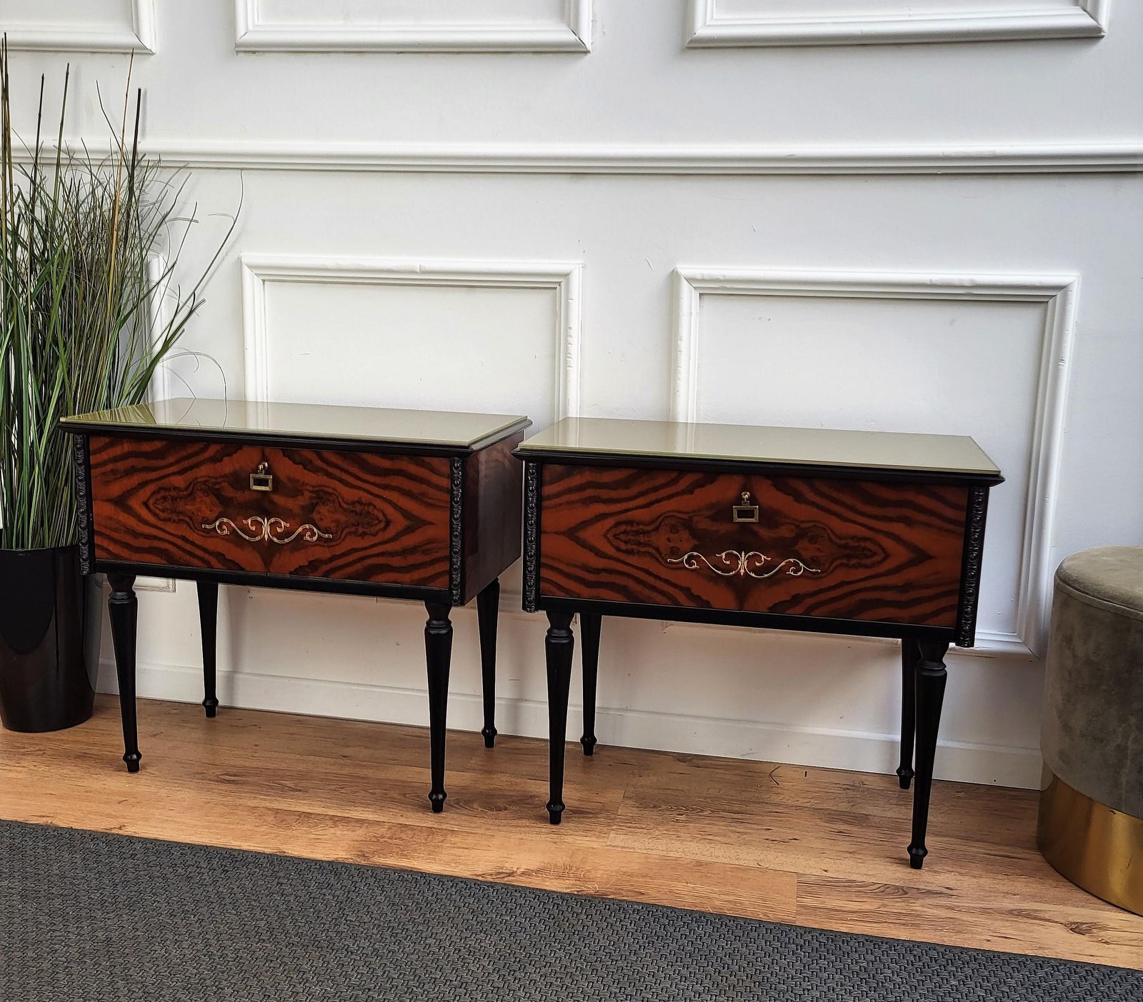 Pair Of Italian Midcentury Art Deco Nightstands Bedside Tables Walnut Glass Top photo furniture