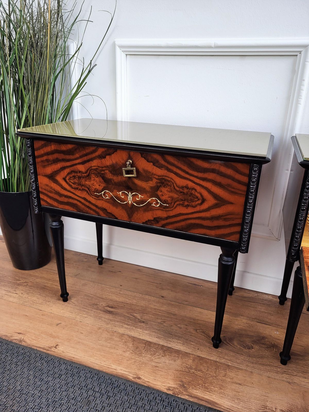 Pair Of Italian Midcentury Art Deco Nightstands Bedside Tables Walnut Glass Top photo for sale