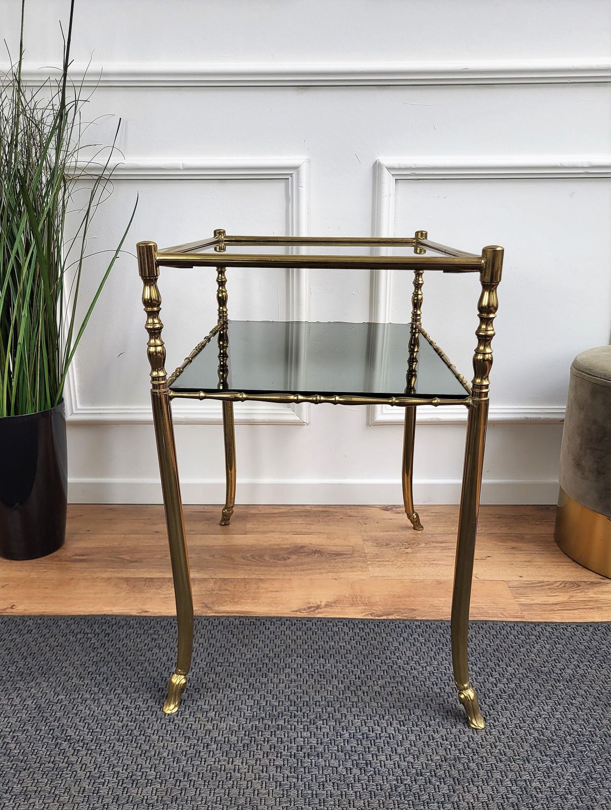 1980s Hollywood Regency Mid Century Modern Brass And Smoked Glass Console Table photo vinterior