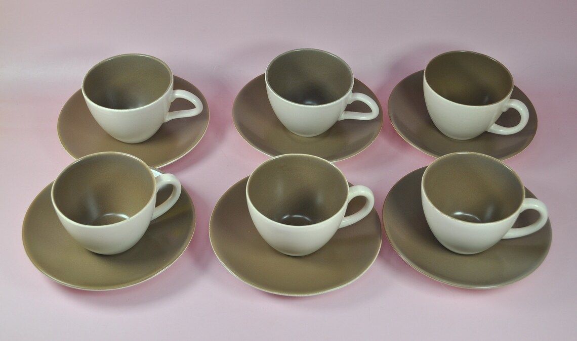photo for sale Retro Coffee Cups, Poole Pottery Twintone Mushroom Sepia