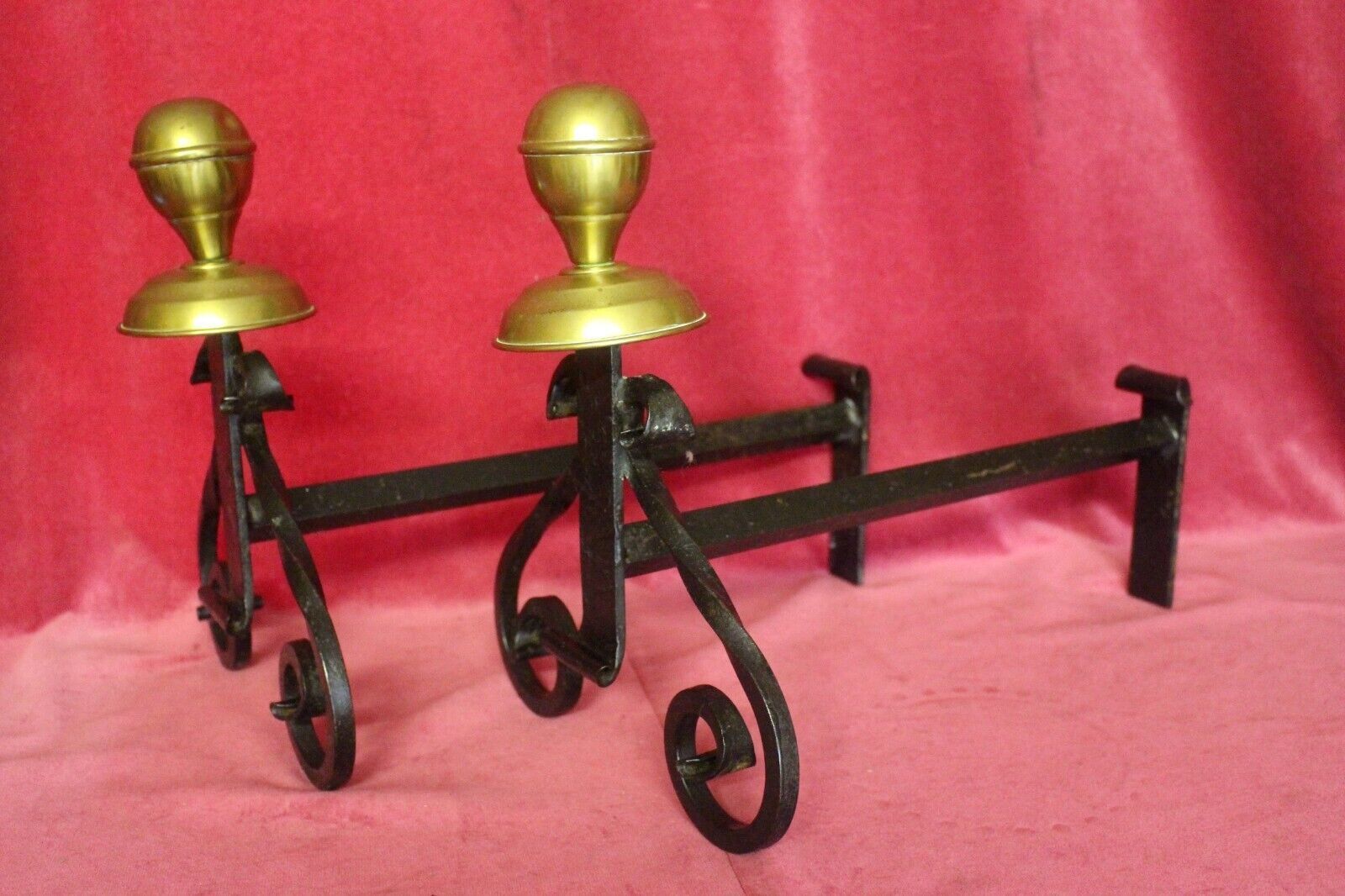 Pair Of Vintage Decorative French Iron And Brass Andirons Fire Dogs